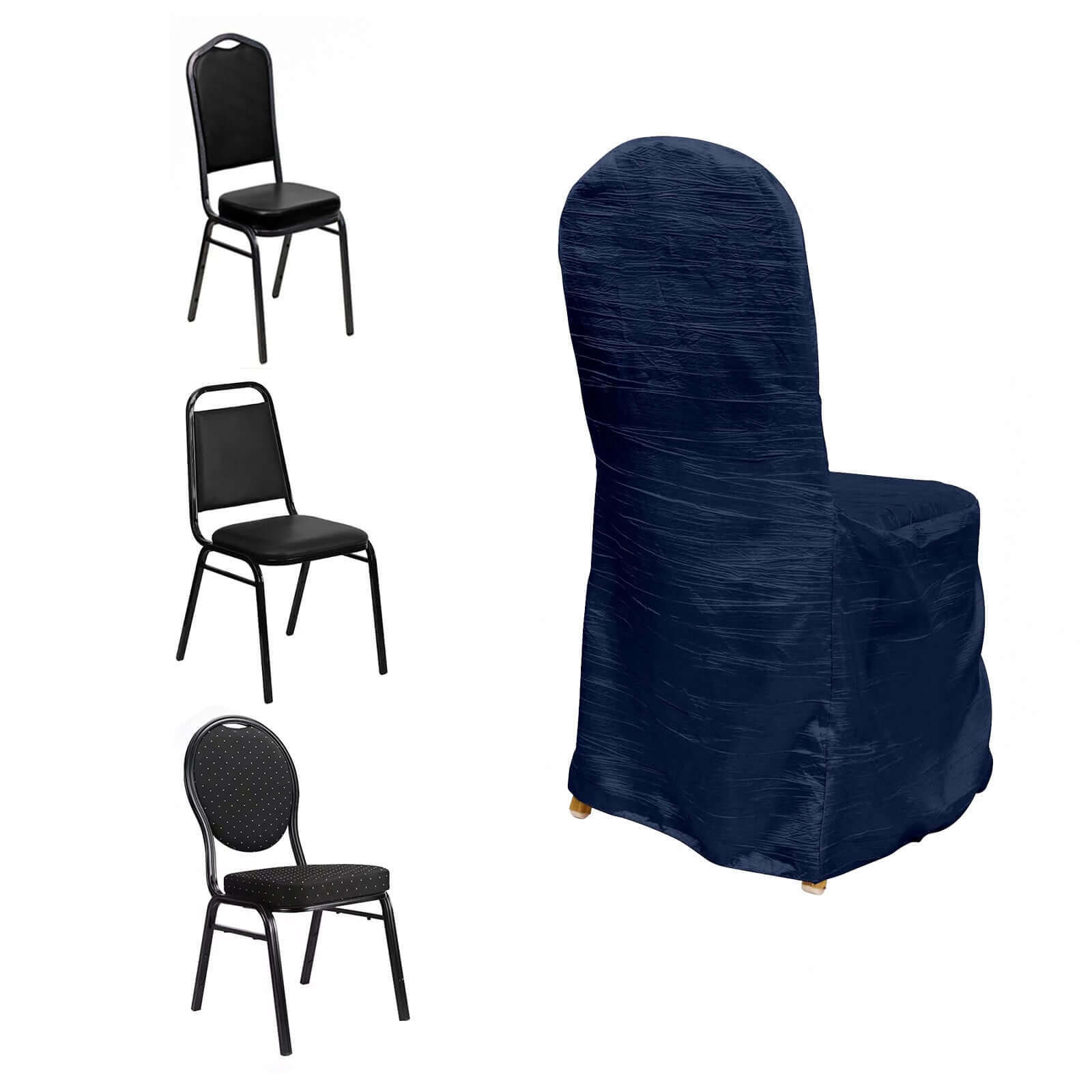 Crinkle Crushed Taffeta Chair Cover for Banquet Chairs Navy Blue - Reusable Slipcover