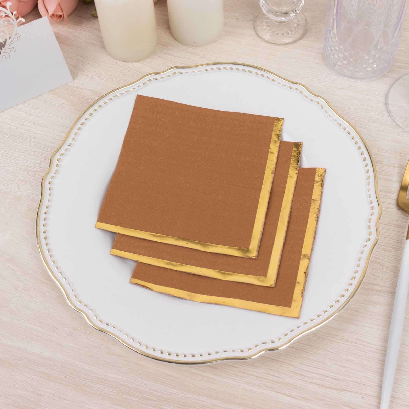 50-Pack Paper Beverage Napkins Terracotta (Rust) with Gold Foil Edge - 2 Ply Disposable Soft 18GSM Cocktail Napkins 5x5