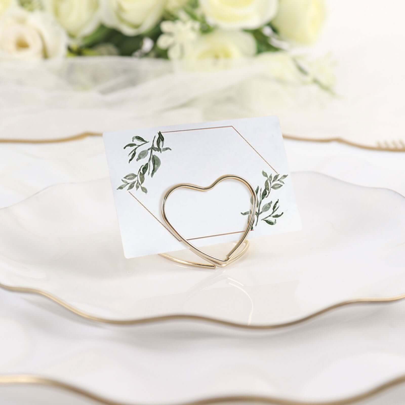 10-Pack Metal Card Holder Stands Double Heart Design Gold - Table Number Stands and Wedding Place Card Menu Clips 1