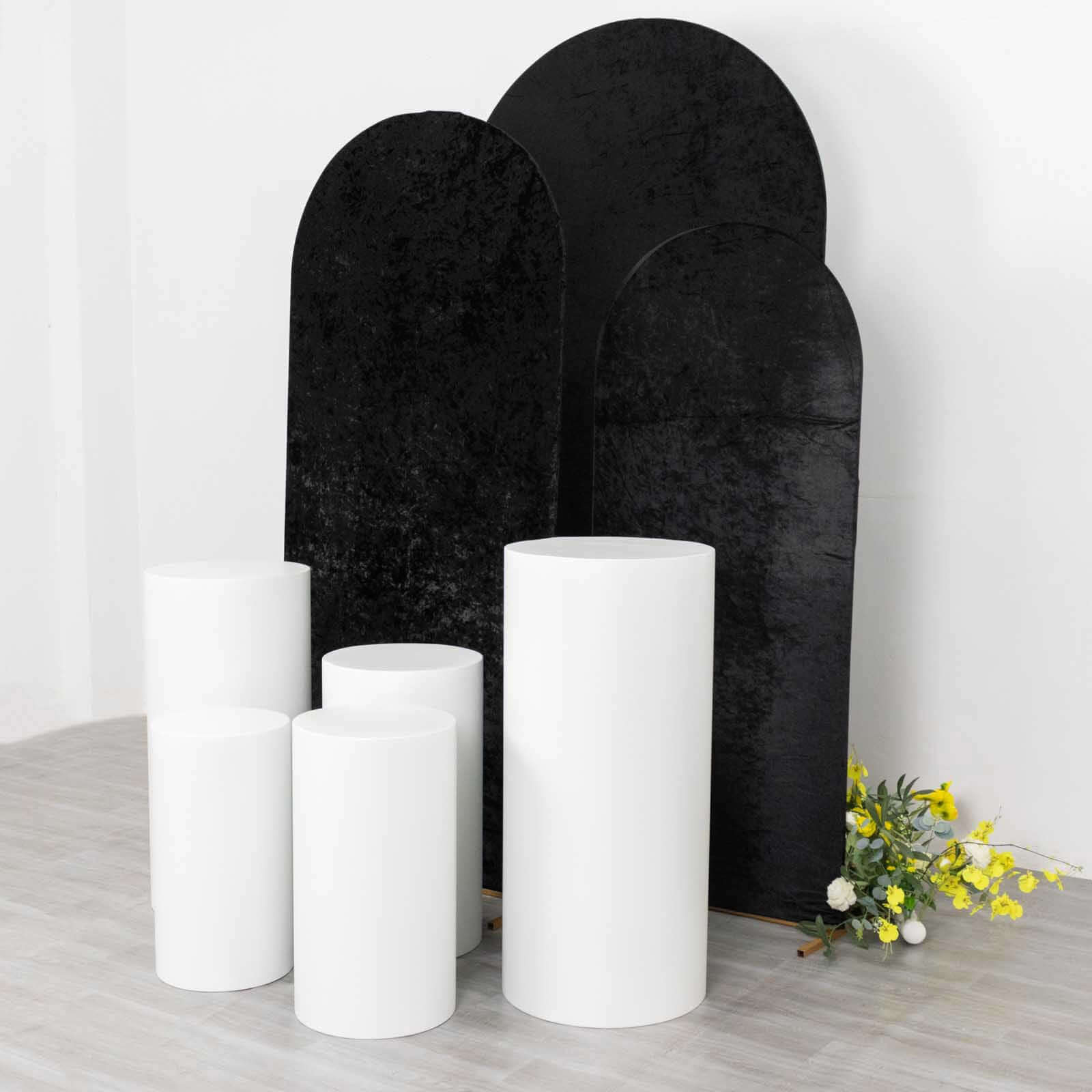 Set of 3 Black Crushed Velvet Chiara Backdrop Stand Covers For Round Top Wedding Arches - 5ft, 6ft, 7ft