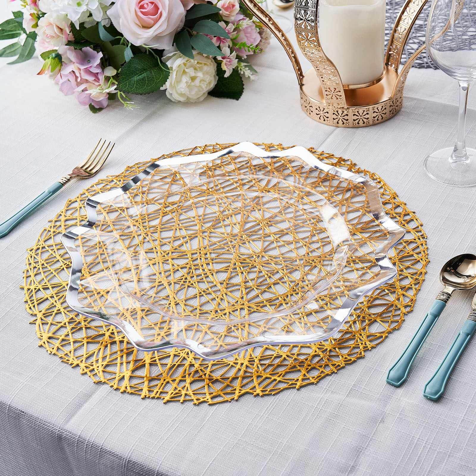 6-Pack Vinyl Placemats Gold Woven Design - Durable Non-Slip Round Table Mats for Dining 15