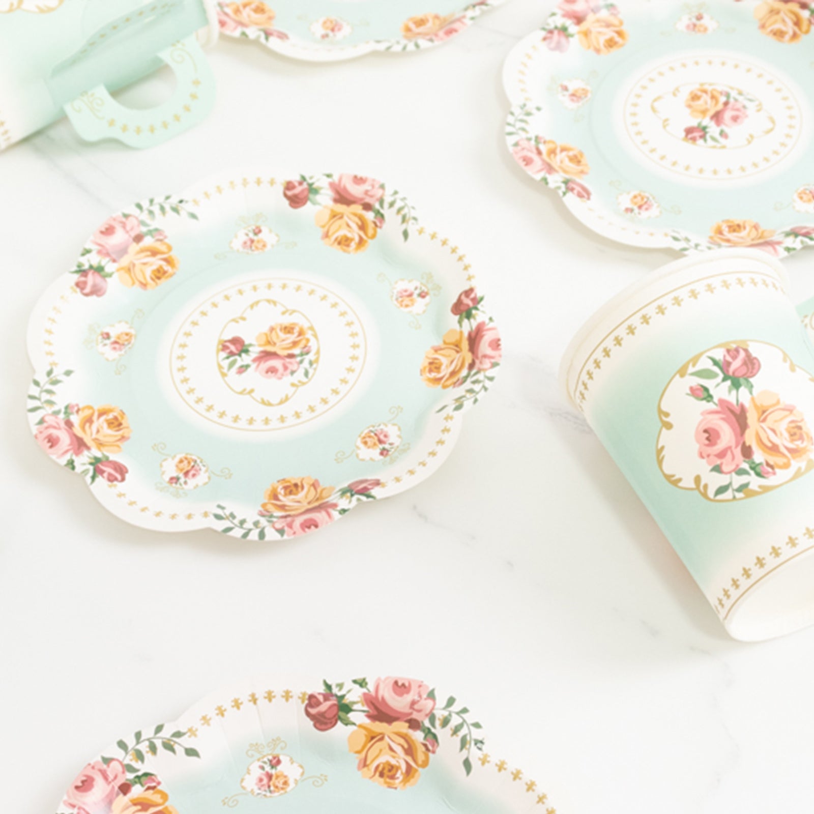 Set of 25 Paper Cups and Saucers in Turquoise with Rose Floral Print - Vintage Inspired Disposable Tea Party Decorations