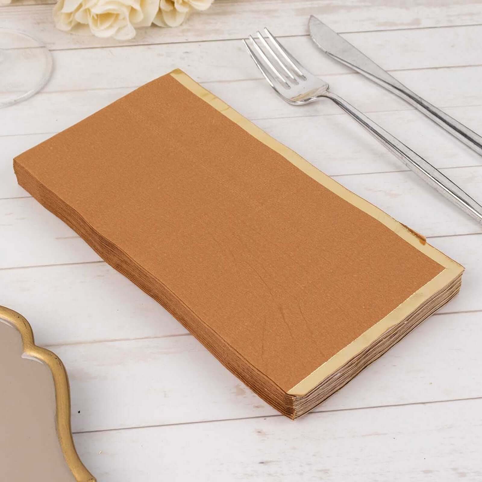 50-Pack Paper Dinner Napkins Terracotta with Gold Foil Edge 2 Ply - Stylish Disposable Napkins