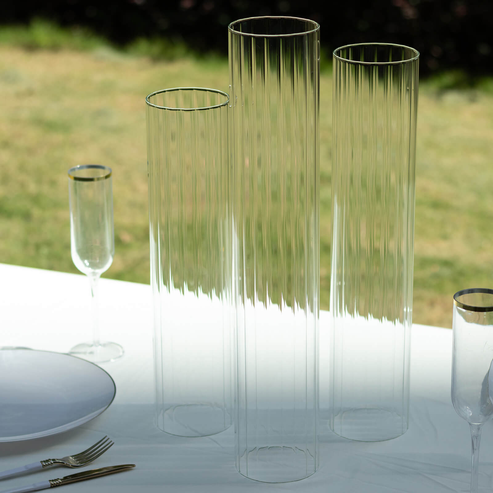 Set of 3 Clear Ribbed Glass Hurricane Shades Open End Design - Stylish Candelabra Pillar Candle Holder Table Centerpiece 15, 17, 19