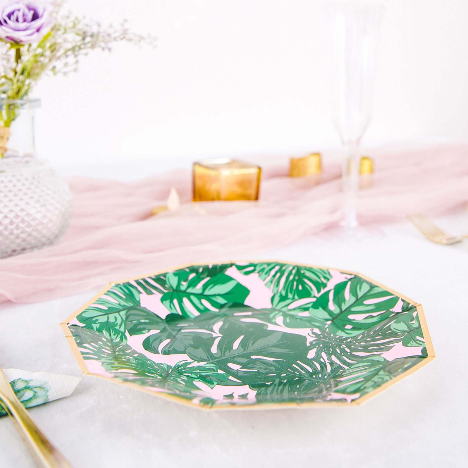 25-Pack Paper 7 Decagon Dessert Plates in Pink with Green Tropical Palm Leaves & Gold Rim - Disposable Geometric Appetizer Salad Plates for Boho Chic & Jungle Themed Events