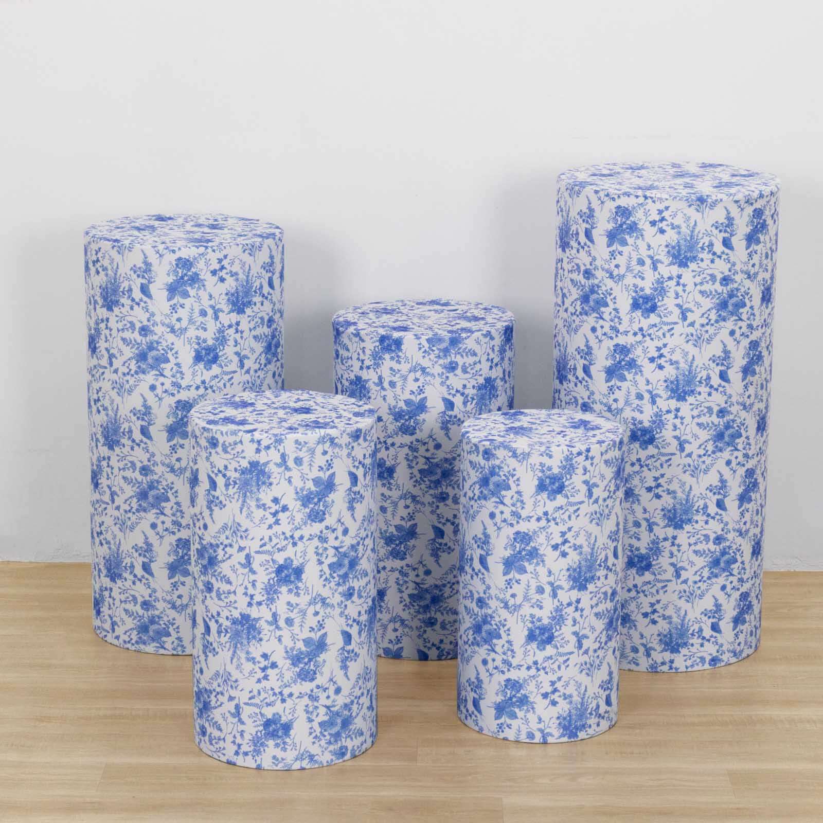 Set of 5 White Blue Spandex Cylinder Pedestal Stand Covers in French Toile Floral Pattern, Stretchable Pillar Prop Covers - 160 GSM