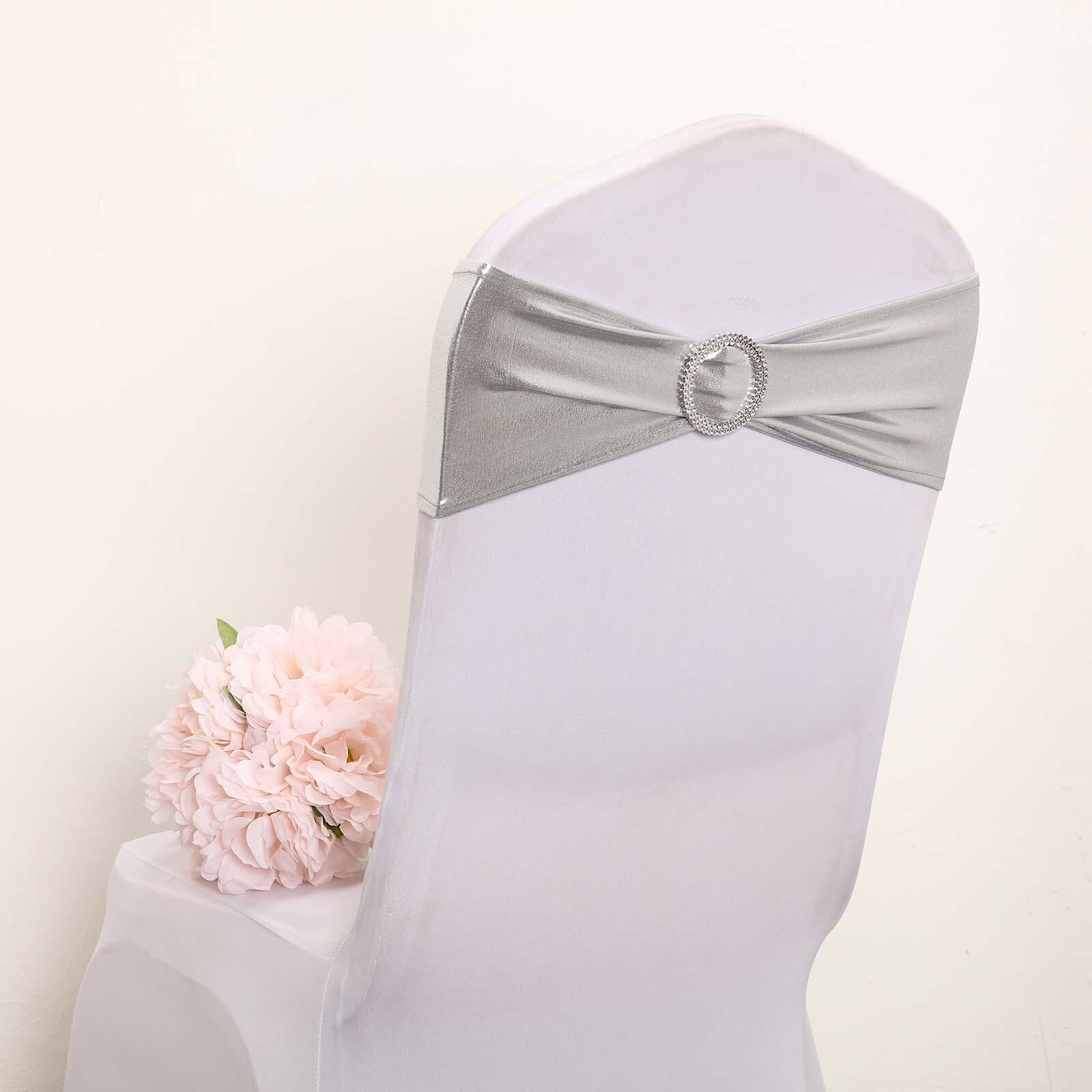 5 Pack Metallic Spandex Chair Sashes Silver - Stretch Fit Chair Bands With Round Diamond Buckles