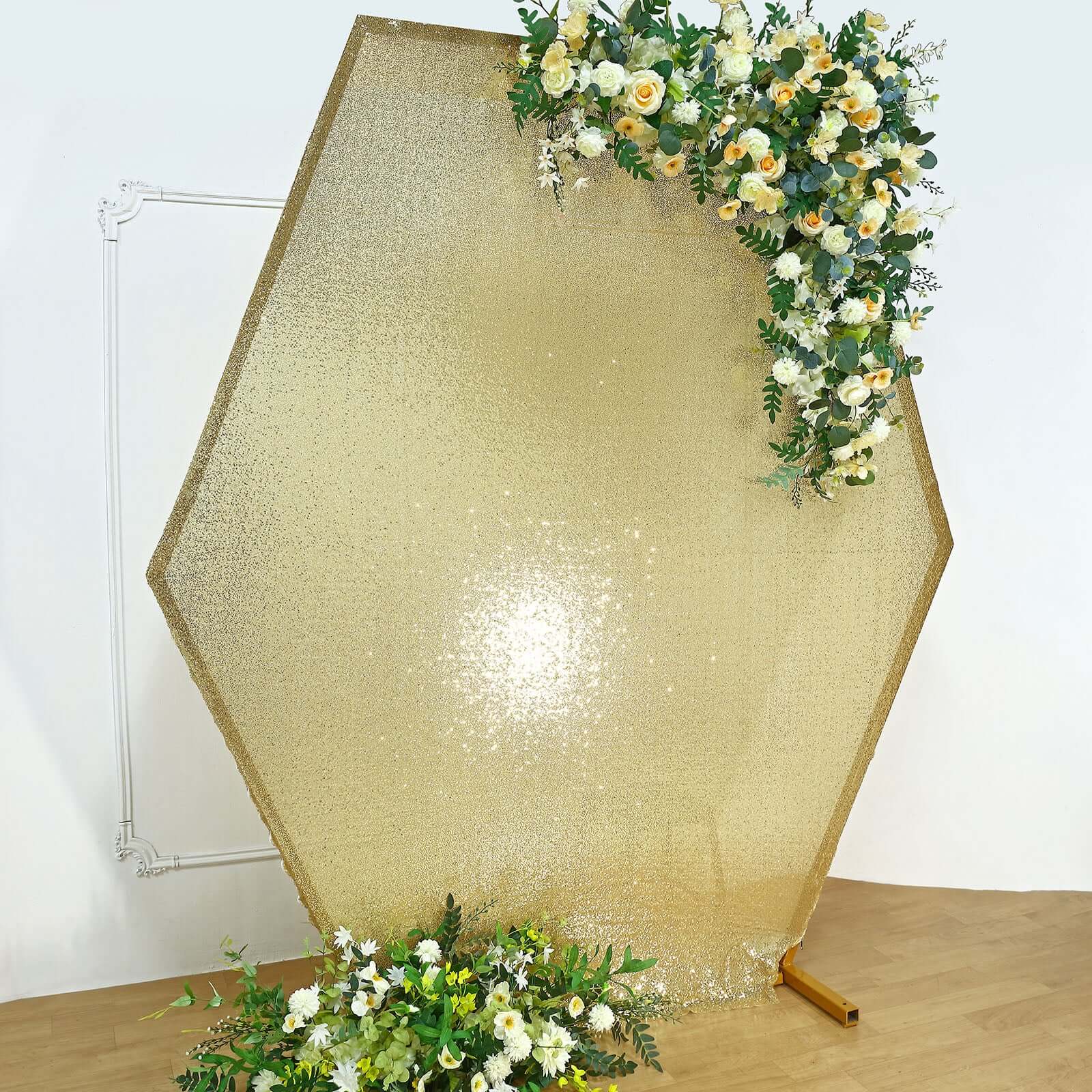 8ftx7ft Champagne Shiny Sequin Hexagon Backdrop Stand Cover, Shiny Sparkle 2-Sided Custom Fit Wedding Arch Cover