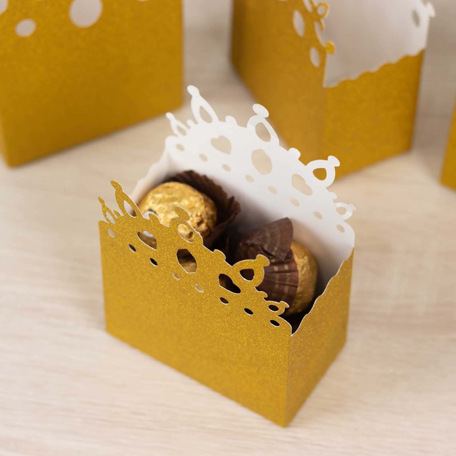 20-Pack Cardstock Favor Boxes Gold Glitter Princess Crown Design - Regal Fantasy Fairytale InspiredTreat Bags for Wedding Birthday Baby Shower Decorations 3.5x 2x 5