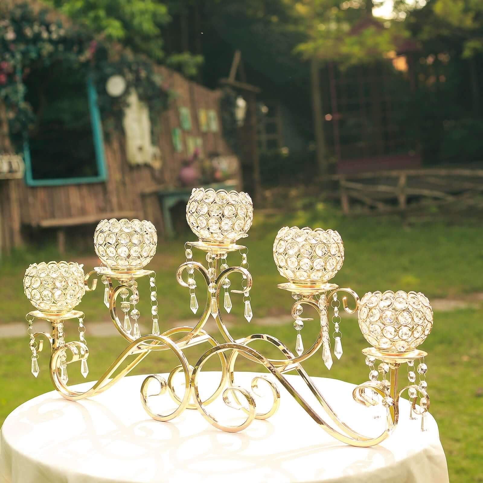 5-Arm Metal Candelabra Horizontal Design with Crystal Goblets Gold - Table Centerpiece for Events 27