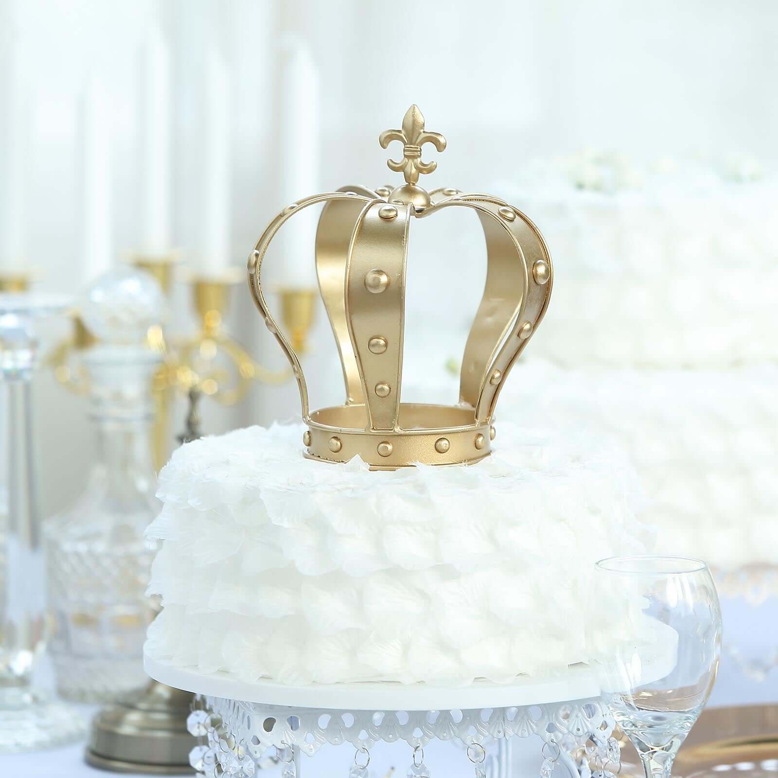 Metal Royal Crown Cake Topper 8 Gold Fleur-De-Lis Top - Refined Cake Centerpiece Decoration for Upscale & Royal-Themed Events