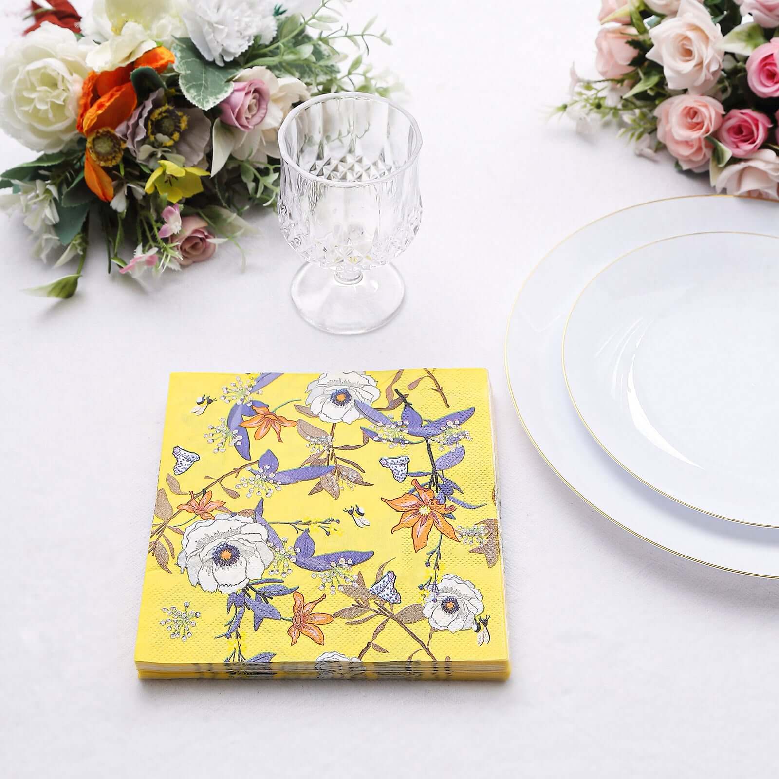 50-Pack Paper Beverage Napkins with Blooming Flowers Design Yellow - 2 Ply Soft 18GSM Floral Wedding Napkins 6.5x6.5