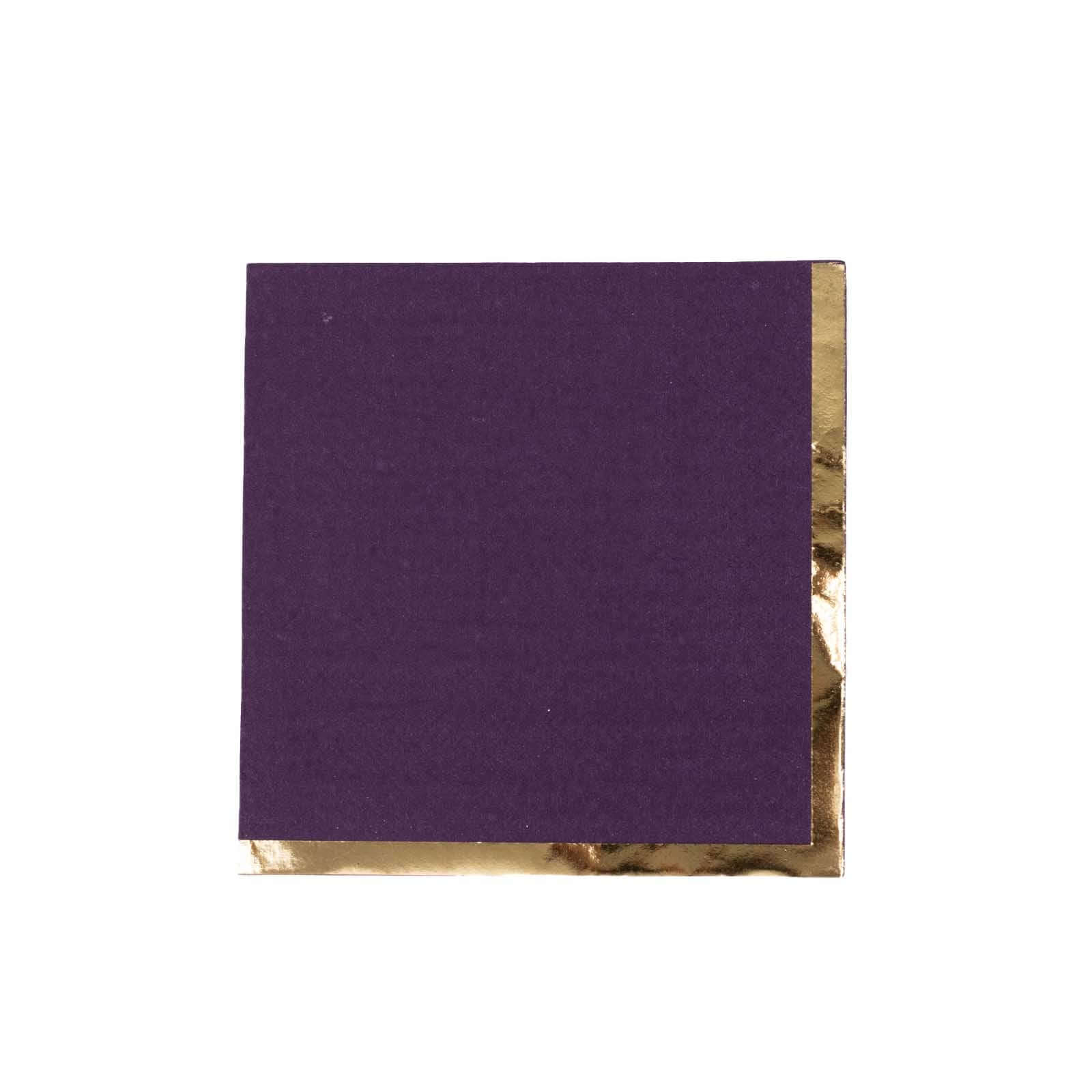 50-Pack Paper Beverage Napkins Purple with Gold Foil Edge - 2 Ply Disposable Soft 18GSM Cocktail Napkins 5x5