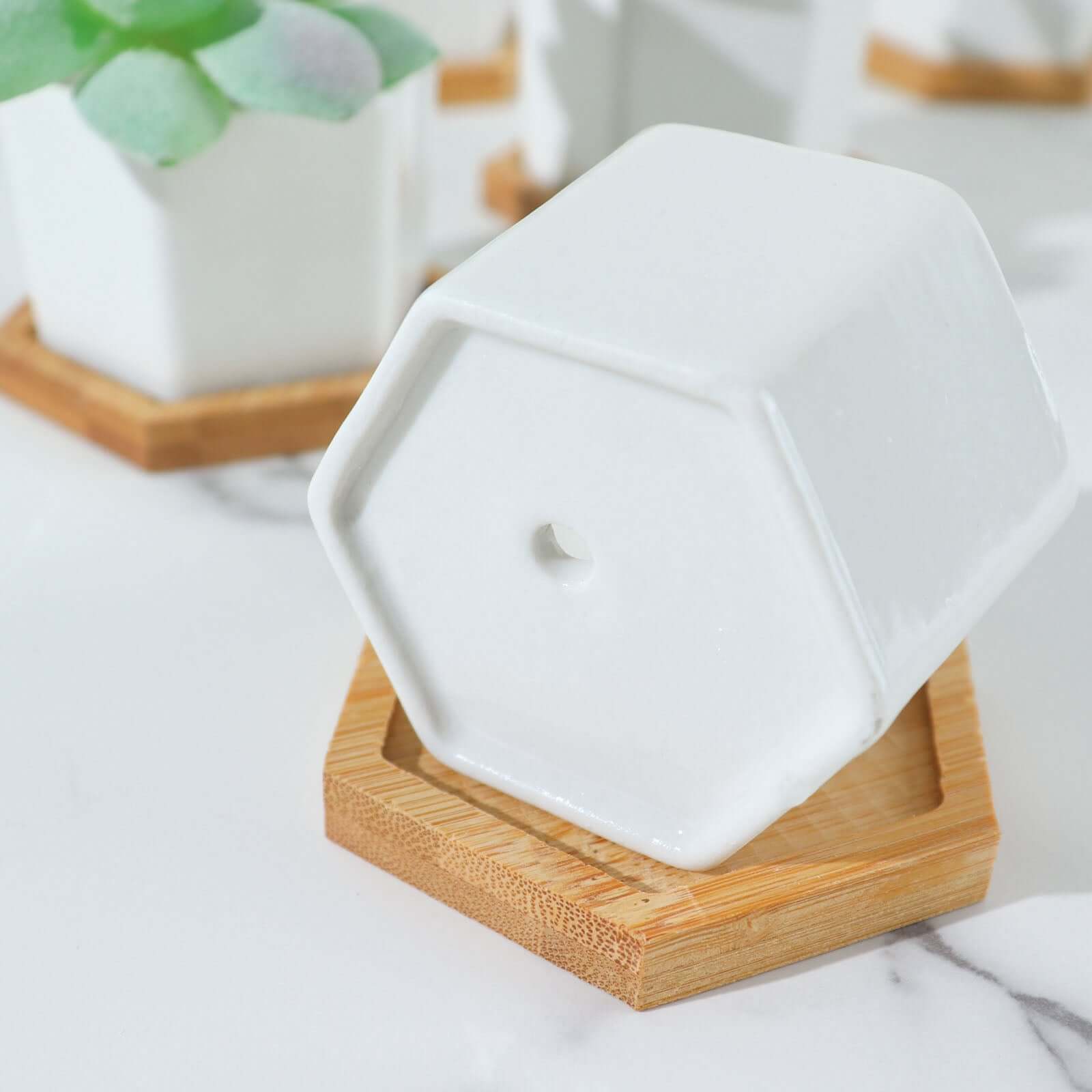 6-Pack Planter Pots Geometric Hexagon Design White - Ceramic Pots with Bamboo Tray and Removable Bottom 3