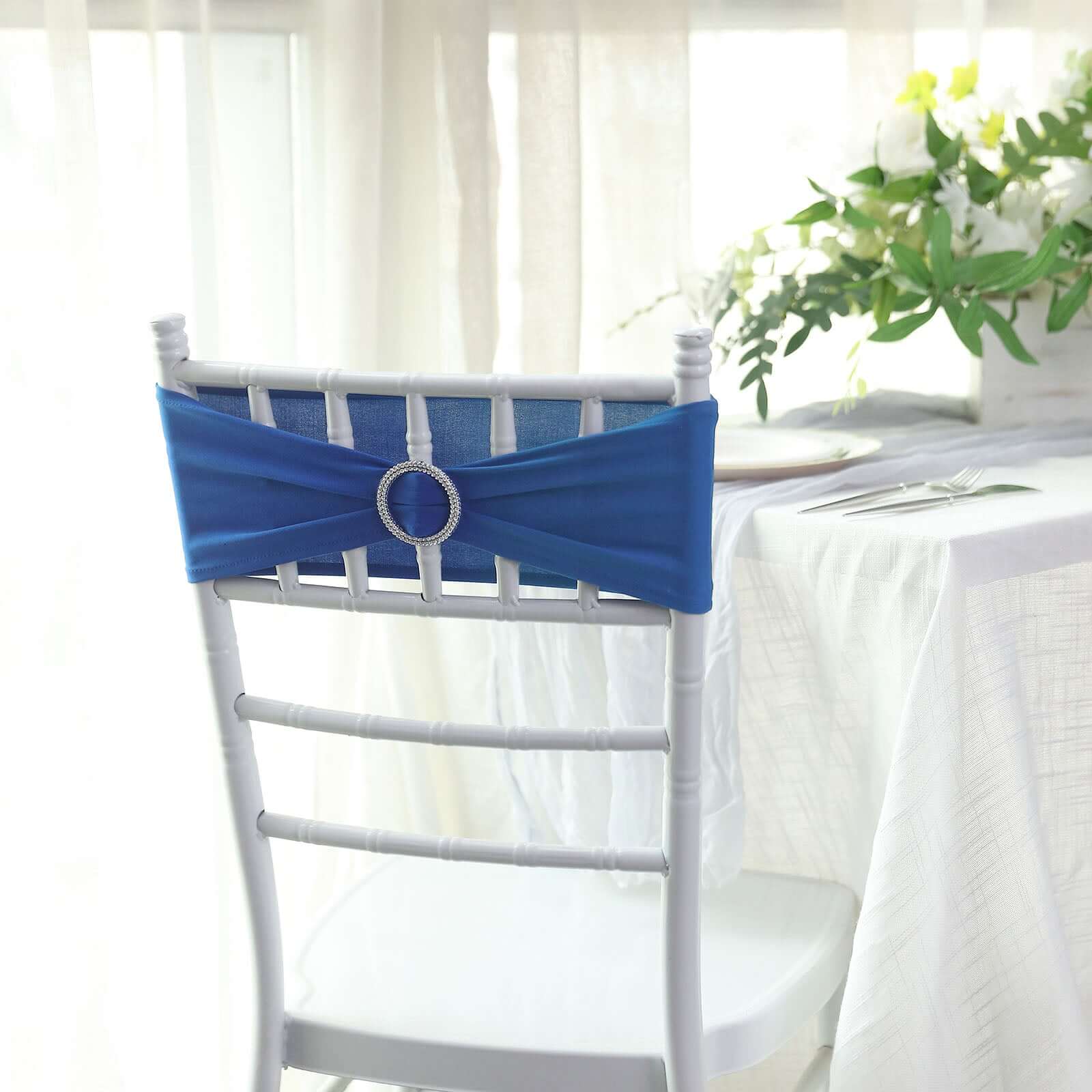 5 Pack Stretch Spandex Chair Sashes Royal Blue - Reusable Chair Bands with Silver Diamond Ring Slide Buckle 5x14