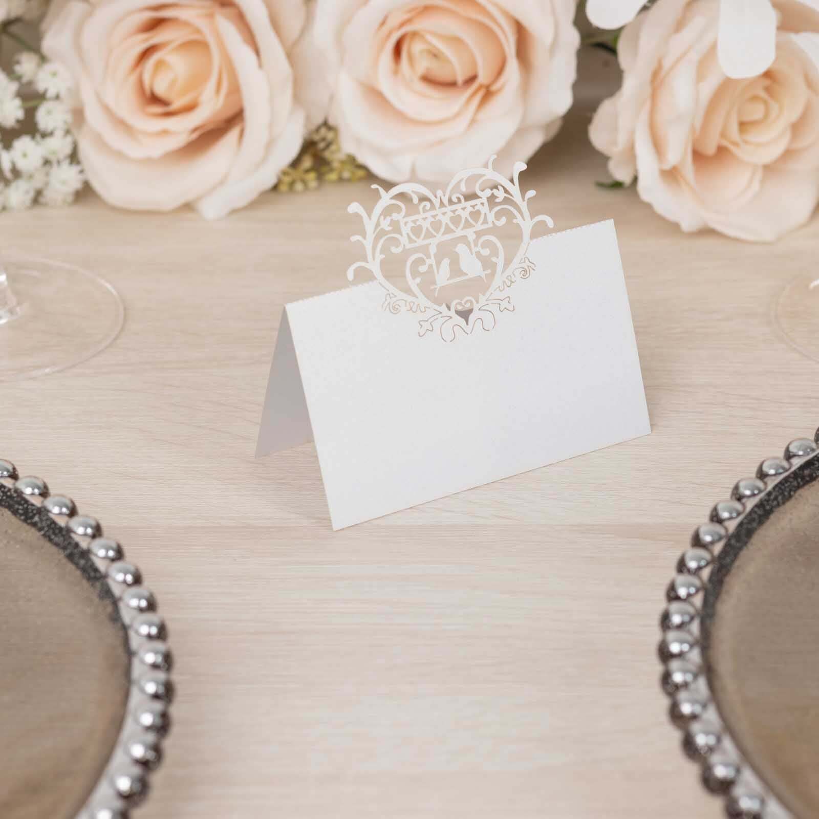 50-Pack Wedding Place Cards with Laser Cut Hollow Heart Design White - Printable Reservation Seating Tent Cards 210 GSM