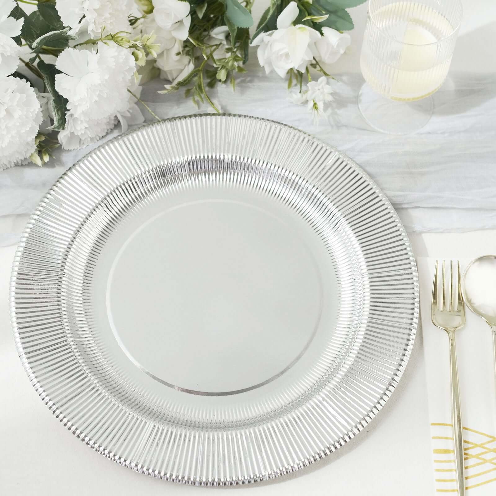 25-Pack Paper 10 Round Dinner Plates in Metallic Silver Sunray Design - Disposable Heavy Duty 350GSM Party Plates