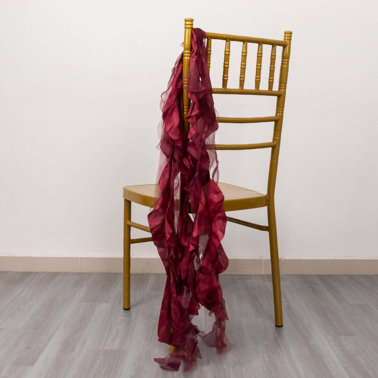 5 Pack Chiffon Satin Chair Sashes Burgundy - Easy to Install Ruffled Curly Willow