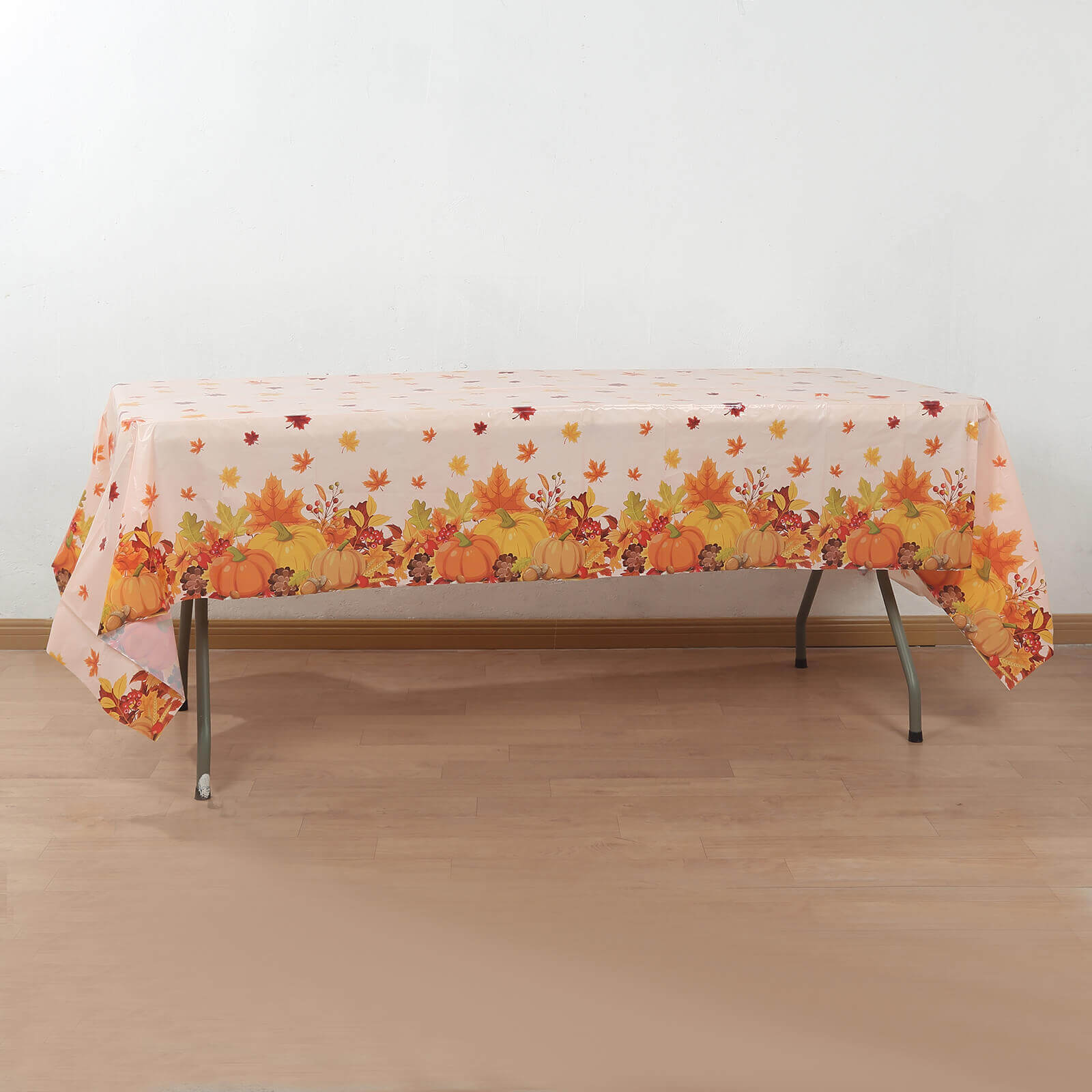 5-Pack Plastic Tablecloths Orange Thanksgiving Rectangle with Fall Leaves Pumpkin Print - Festive PVC Disposable Table Covers 54x108