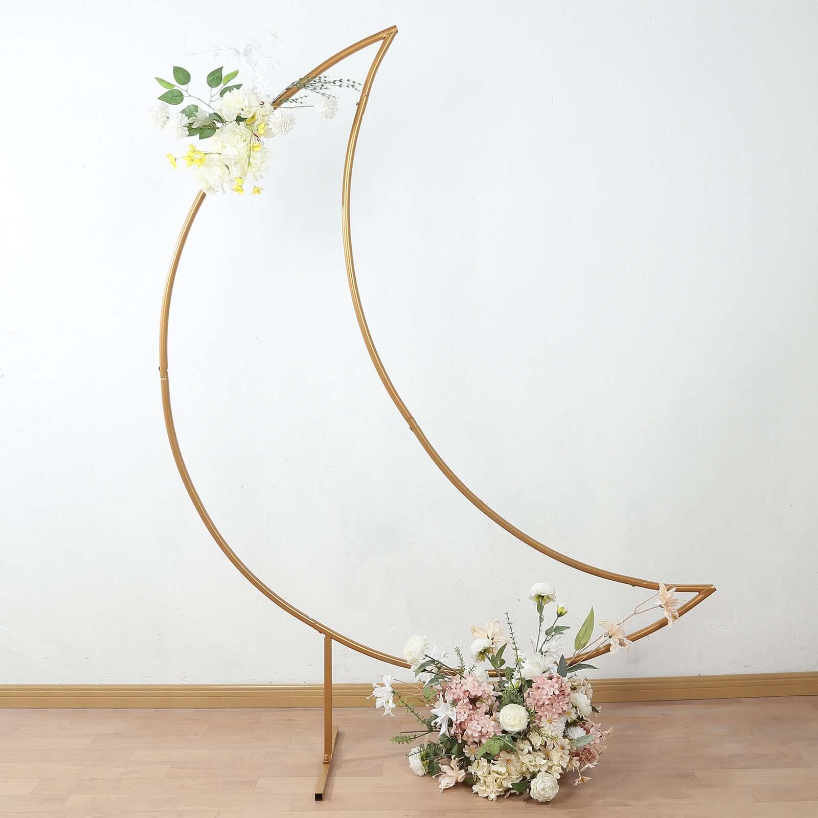 6.5ft Gold Metal Crescent Moon Wedding Arch Backdrop Stand, Curved Arbor Floral Balloon Frame with Sturdy Base