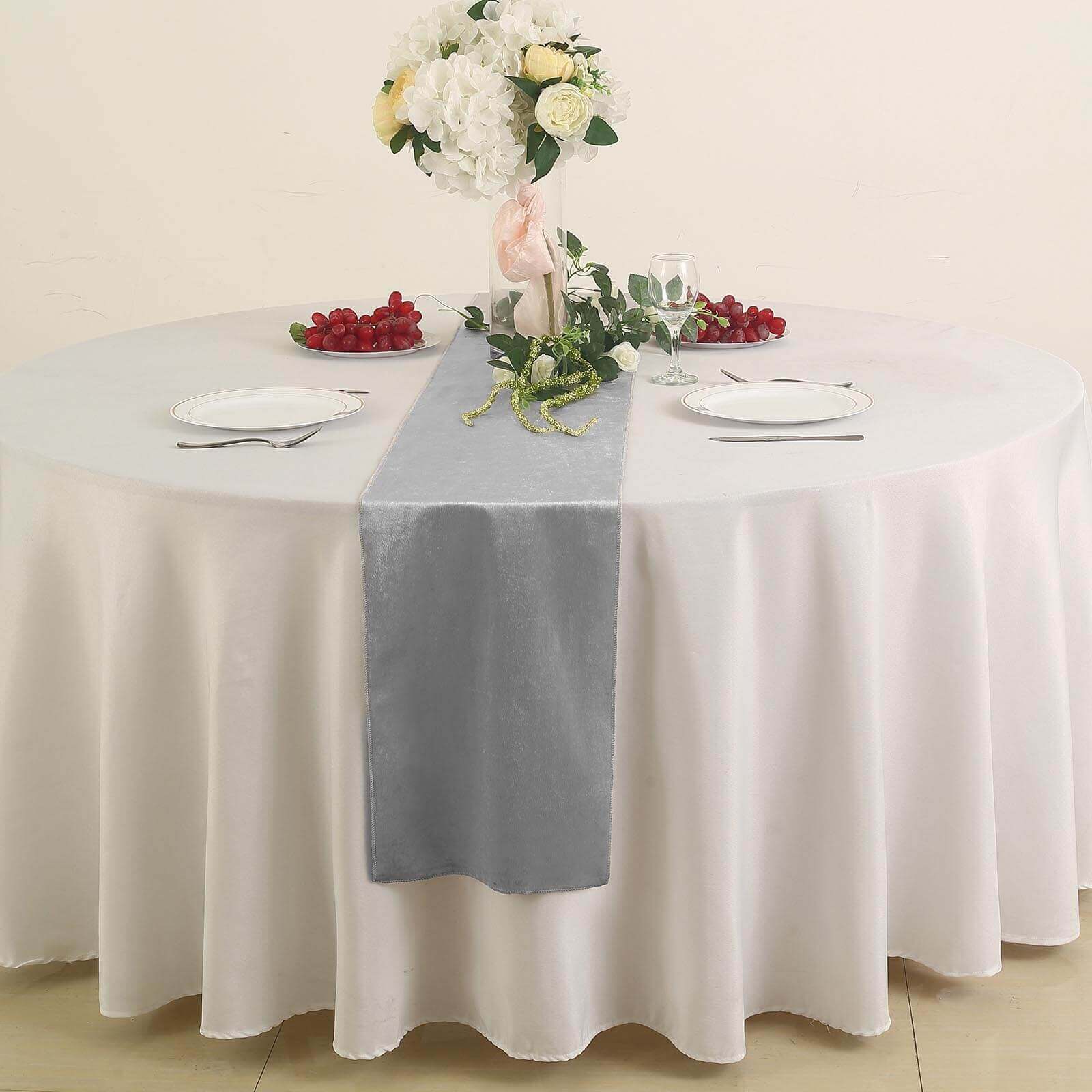 Premium Velvet 12x108 Table Runner Silver - Sheen Finish Reusable Table Decor