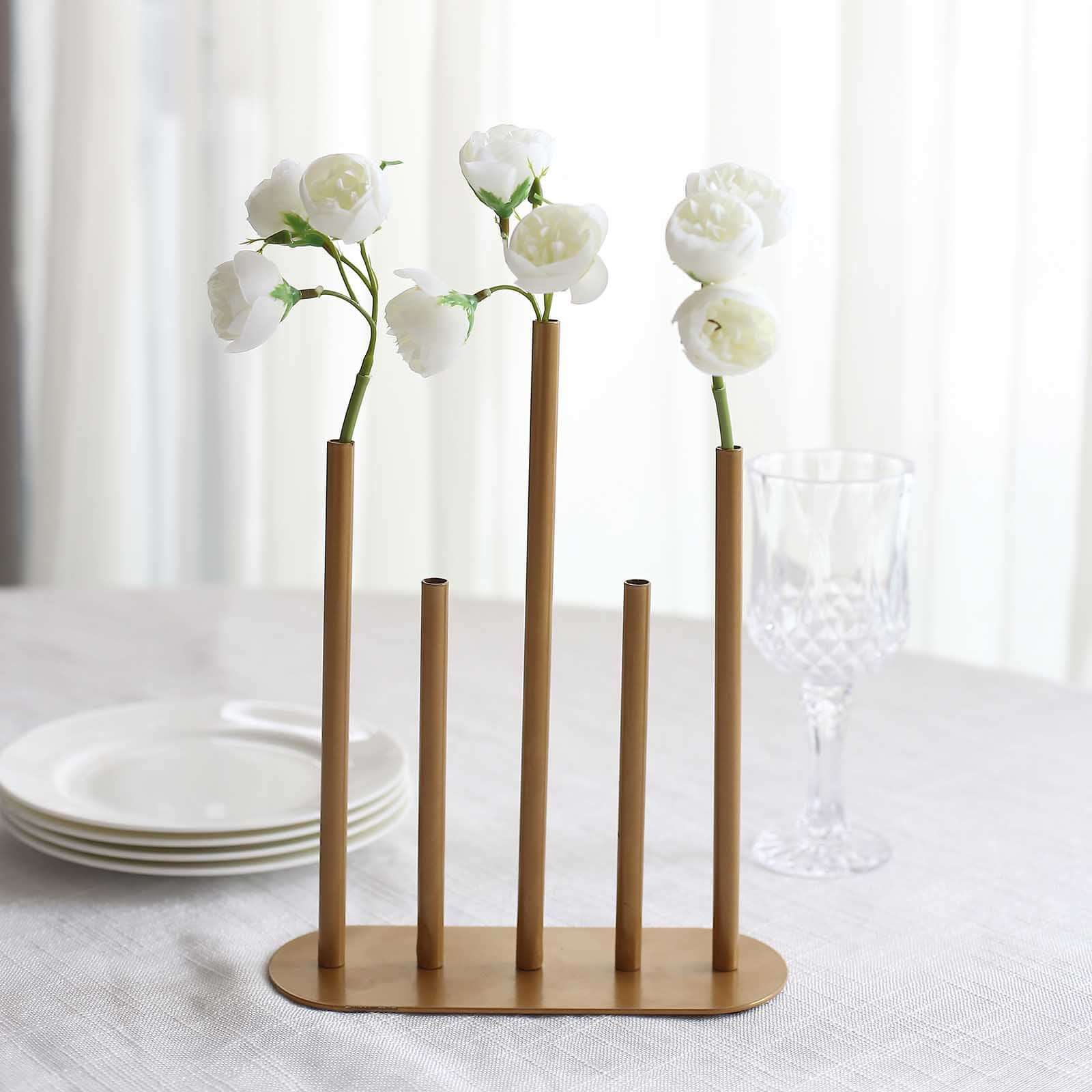 Bud Vase Gold Metal Minimalist Design with 5-Tubes - Single Stem Flower Centerpiece 10