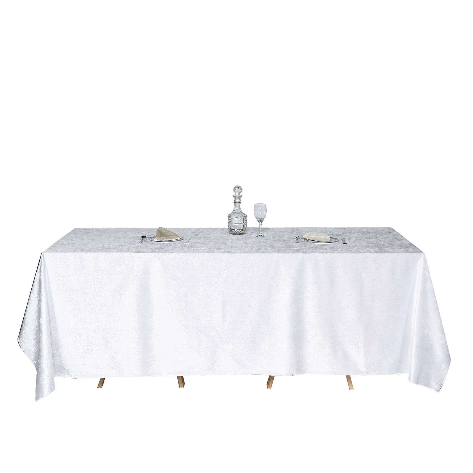 90x132 White Seamless Premium Velvet Rectangle Tablecloth, Reusable Linen for 6 Foot Table With Floor-Length Drop