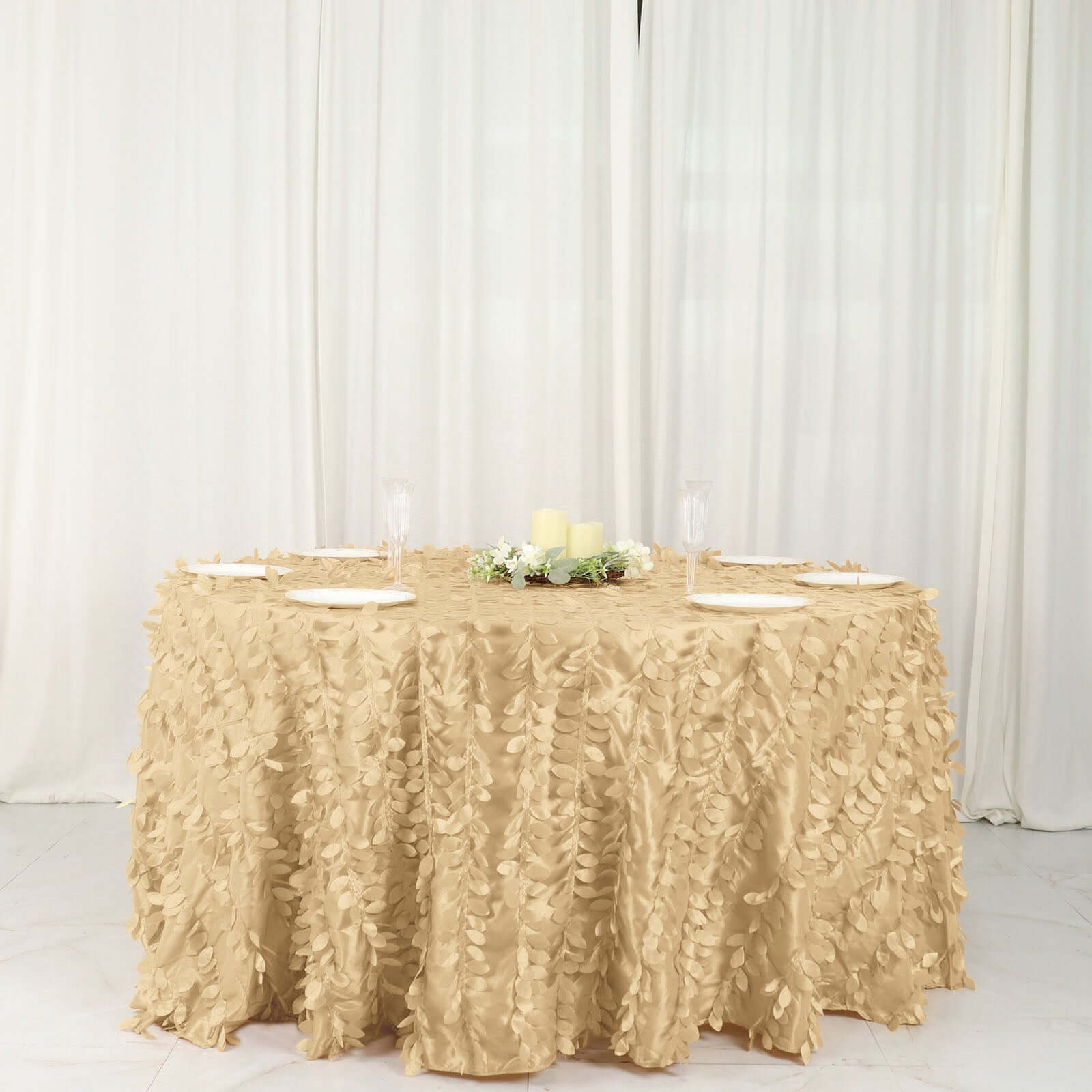 Taffeta 132 Round Tablecloth Champagne Leaf | 3D Leaf Petal Design Seamless Table Cover