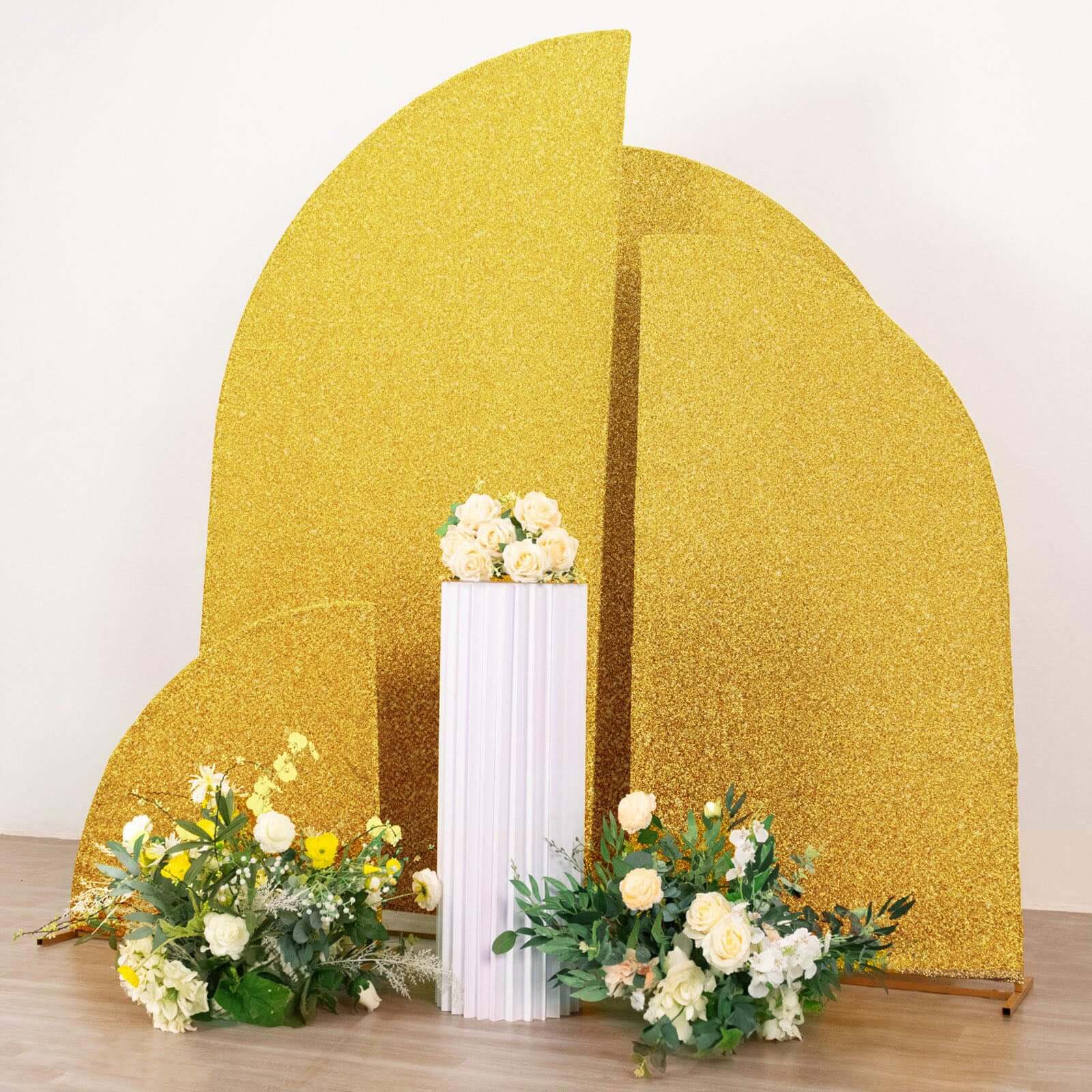 Set of 4 Gold Chiara Wedding Arch Covers Shimmer Tinsel Finish, Fitted Covers For Half Moon Backdrop Stands - 2.5ft, 5ft, 6ft, 7ft