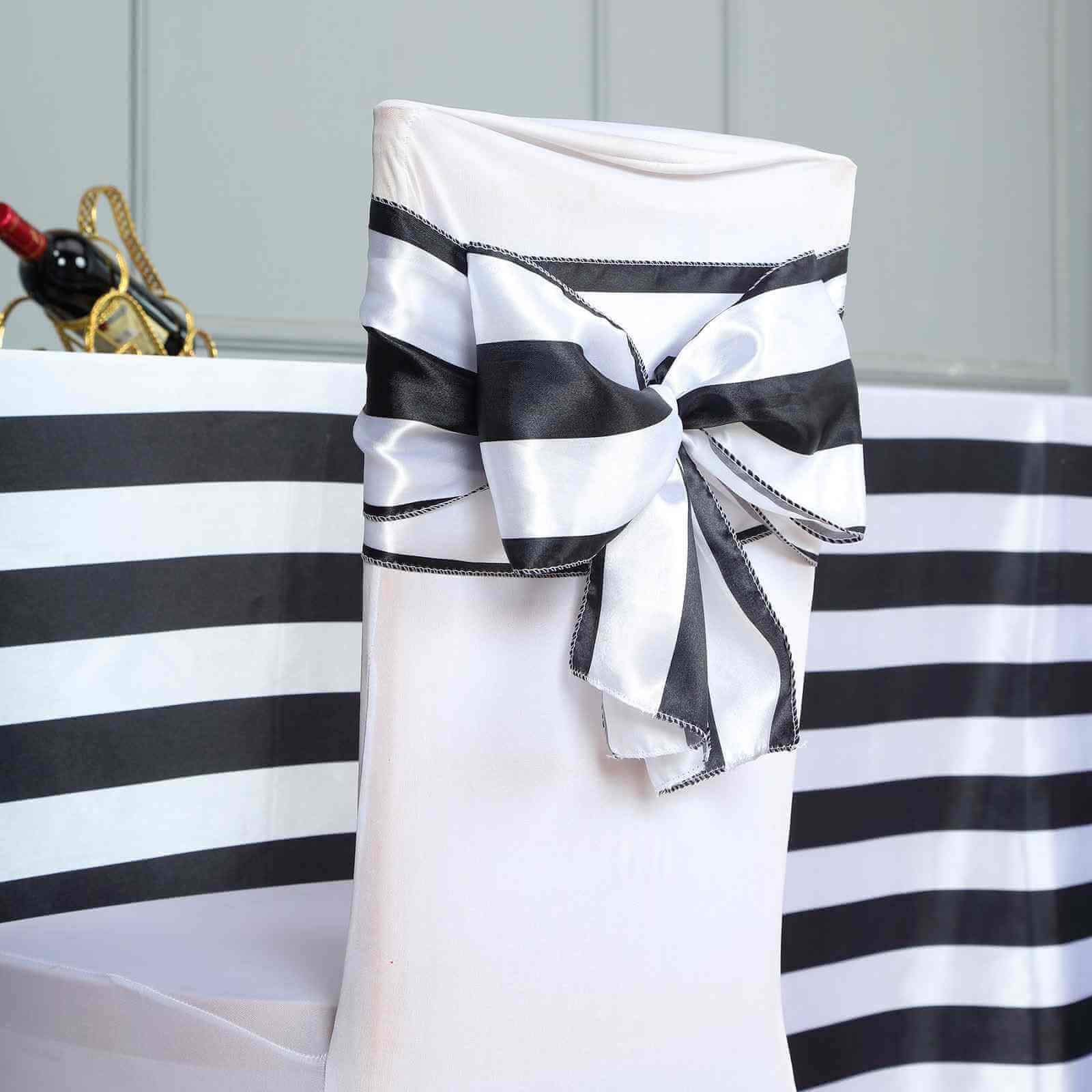 5 Pack Satin 6x108 Chair Sashes Black/White Stripes - Sophisticated Decor for Weddings & Gatherings