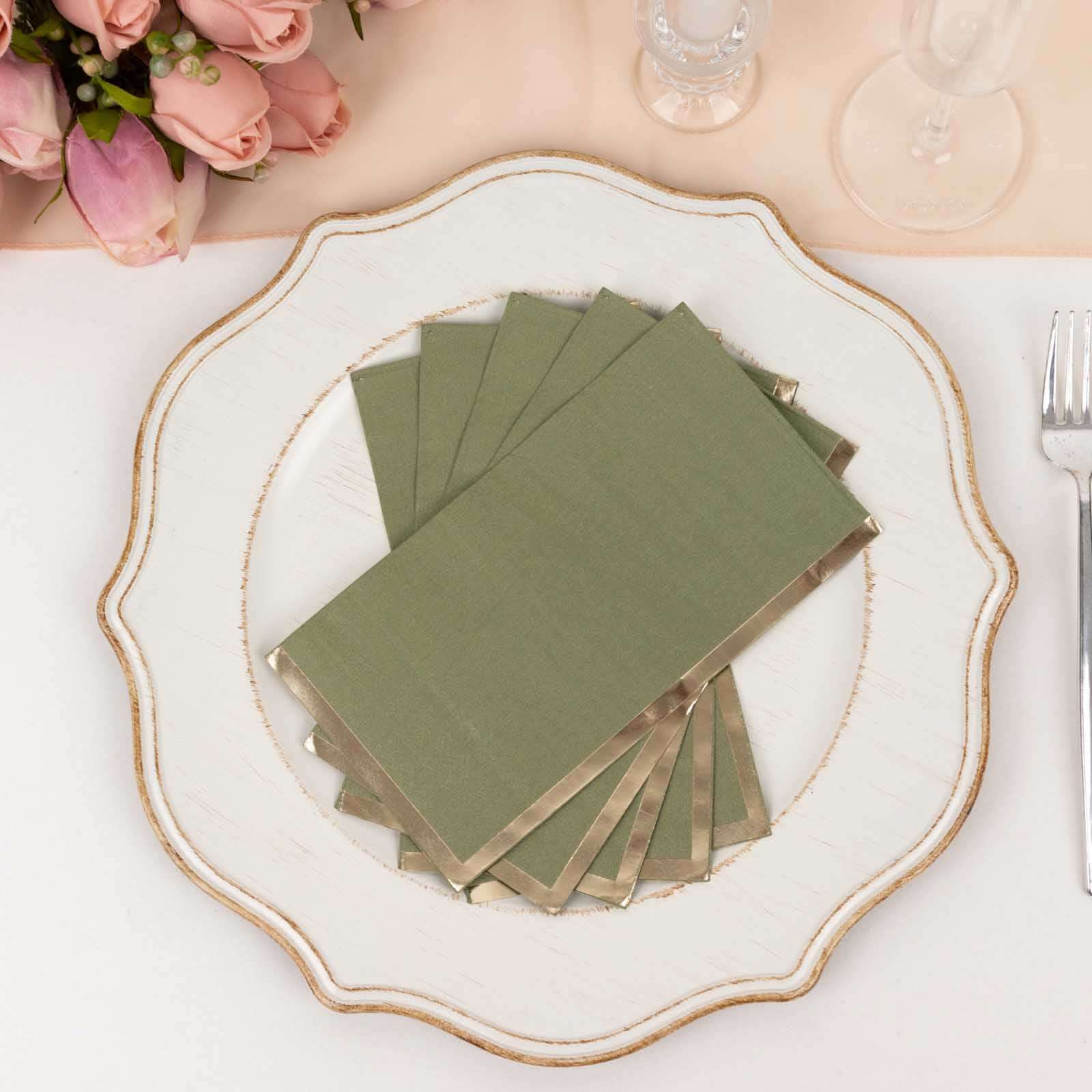 50-Pack Paper Dinner Napkins Olive Green with Gold Foil Edge 2 Ply - Stylish Disposable Napkins