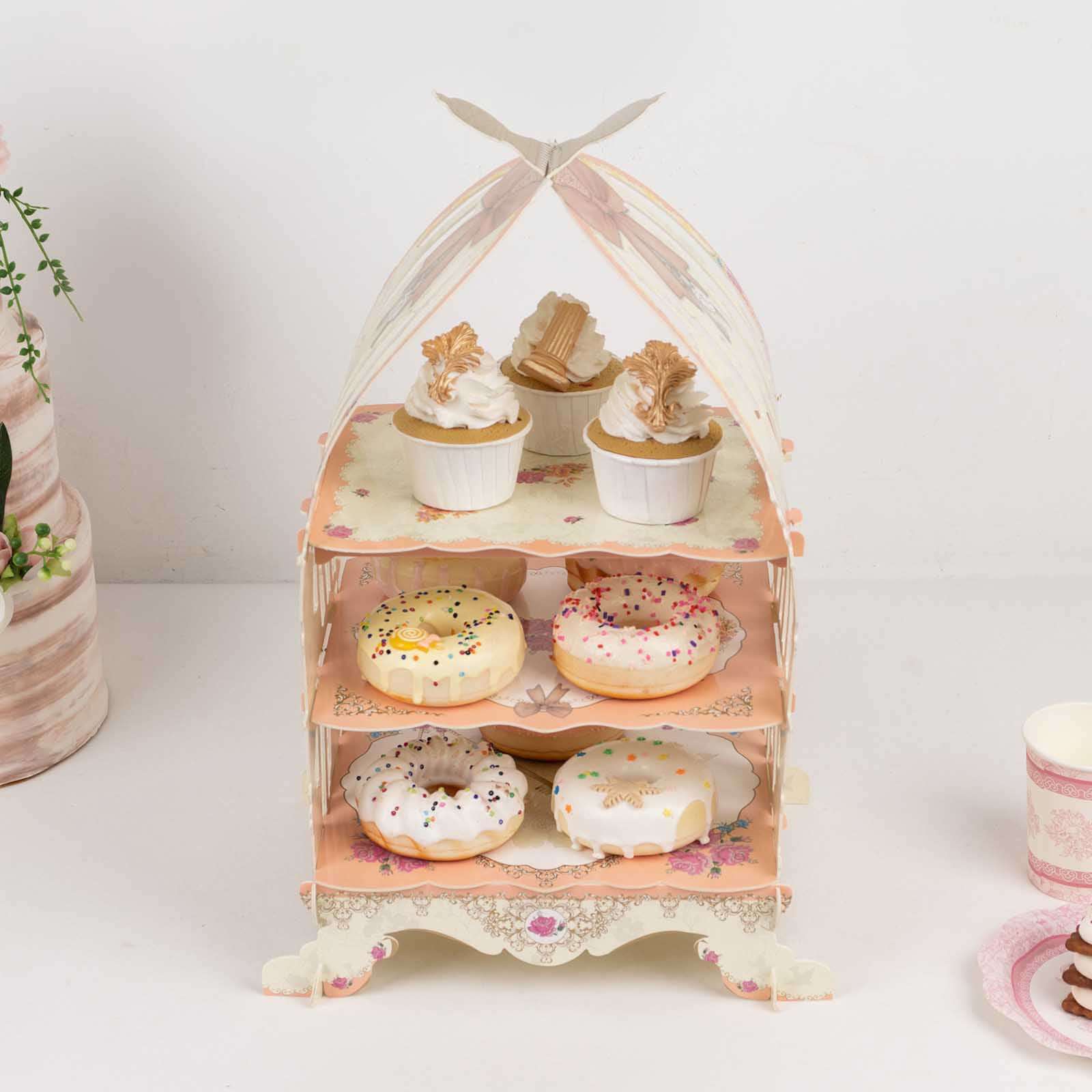 3 Tier Cardboard Cupcake Stand White/Peach Birdcage Style - Charming Reusable Cake Display Holder with Floral Print for Dessert Bars Afternoon Teas & Party Decor 18