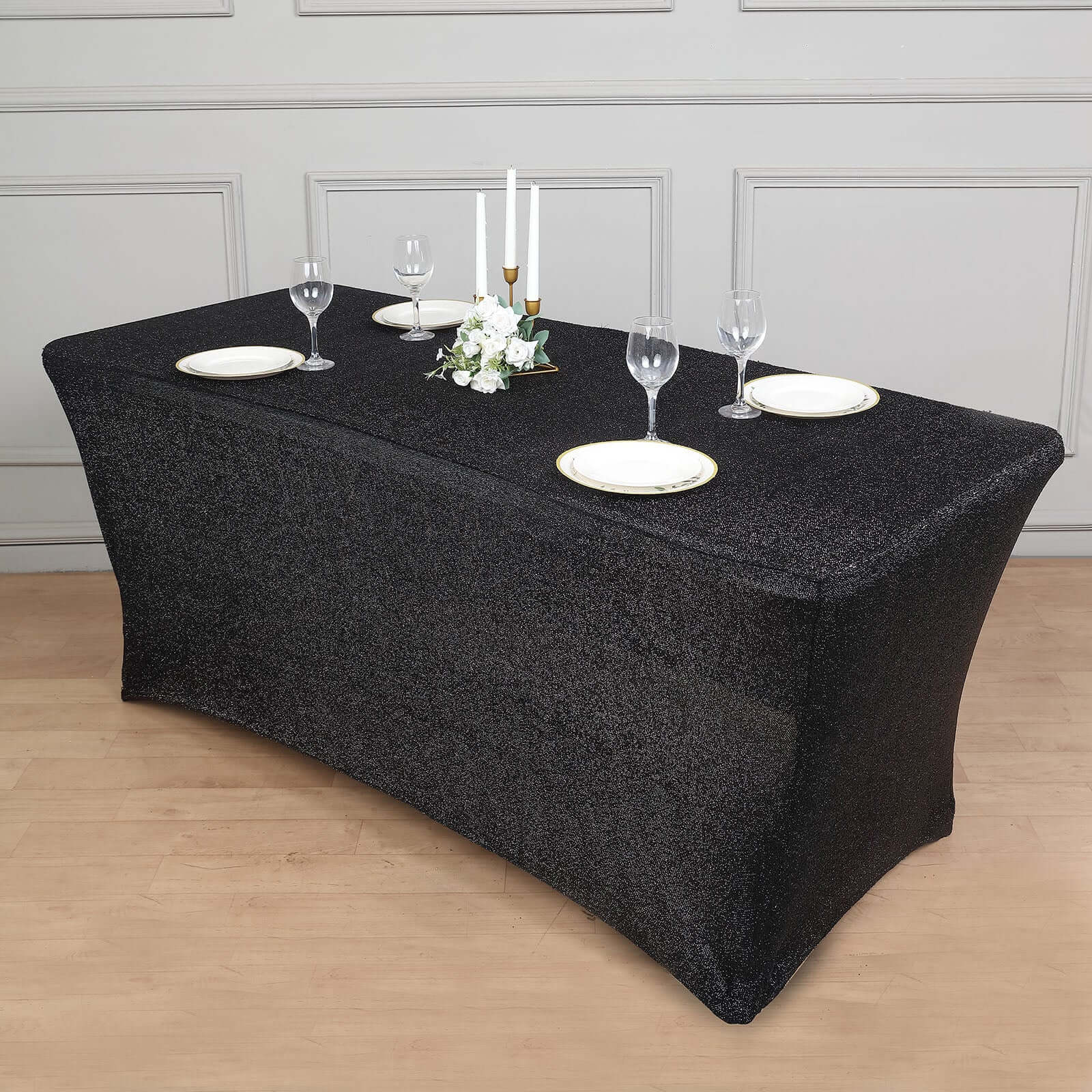 Shimmer Tinsel Spandex 72x30 Rectangle Tablecloth Metallic Black Glittered Shiny Stretch Table Cover