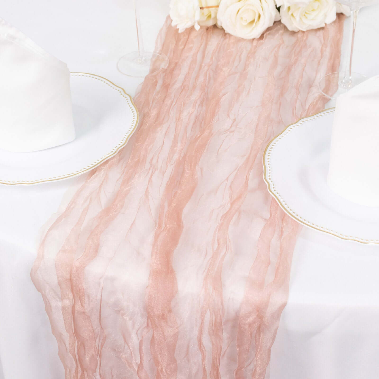 Sheer Crinkled Organza 9ft Table Runner Dusty Rose - Rustic Chiffon Look