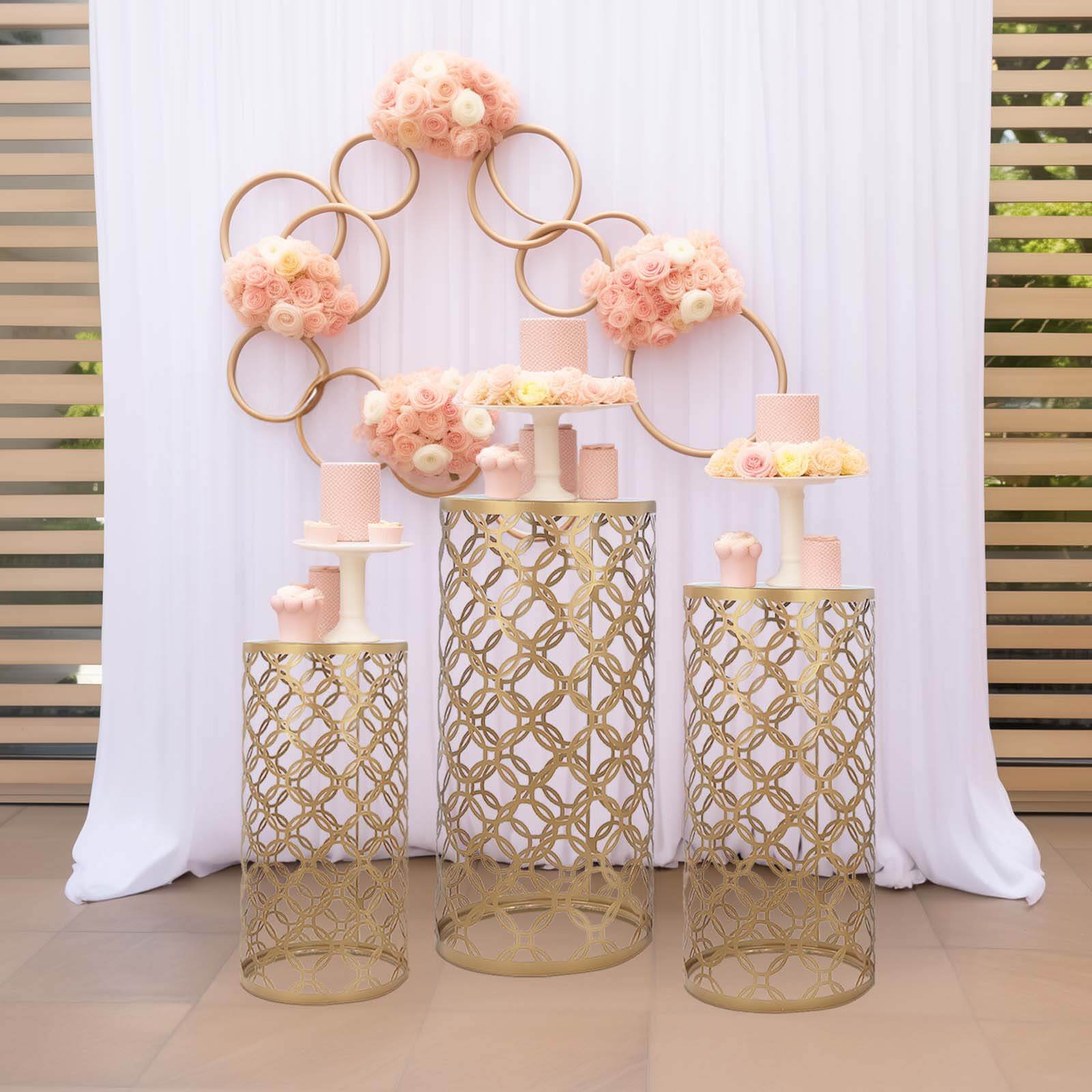 Set of 3 Gold Metal Cylinder Pillar Cake Display Stands, Round Mesh Plinth Pedestal Stand in Hollow Overlapping Circles Pattern - 22,24,30