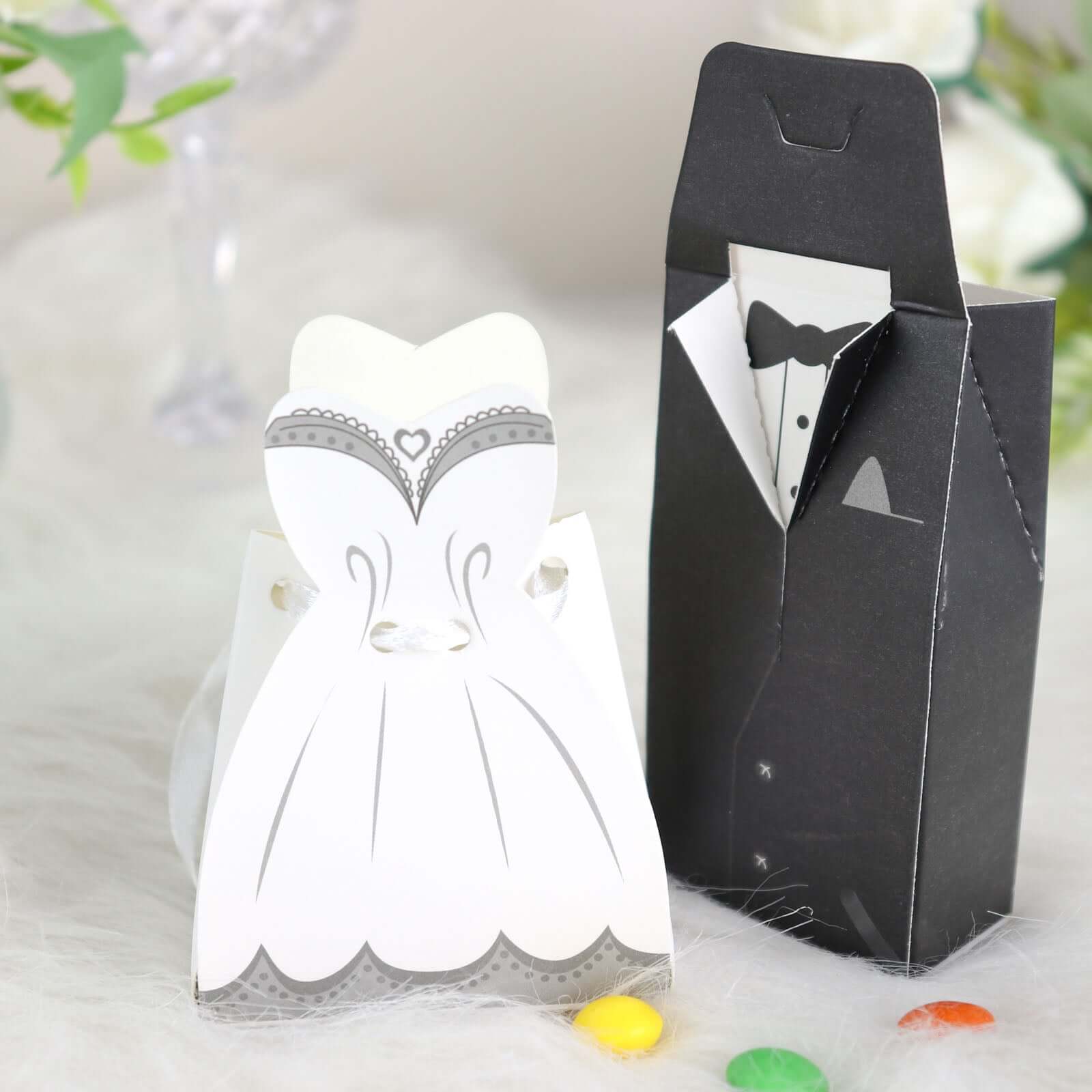 50 Pcs Set Wedding Dress and Tuxedo Shower Party Favor Candy Gift Boxes with Ribbon Ties