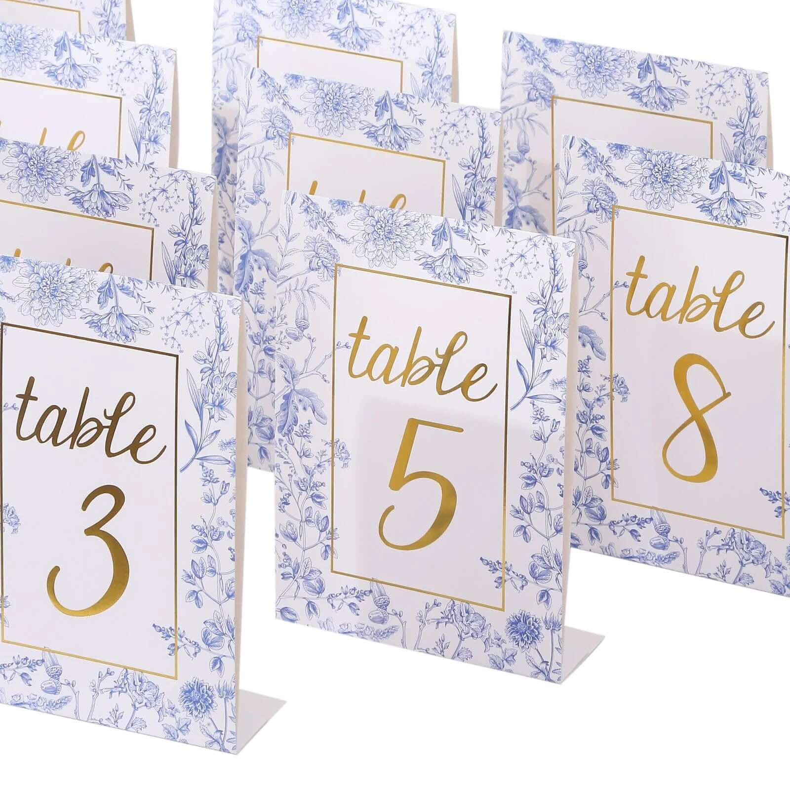 25-Pack Paper Wedding Table Numbers 1-25 White/Blue French Toile Design - Free Standing Double Sided Table Signs with Glam Gold Foil Numbers 7