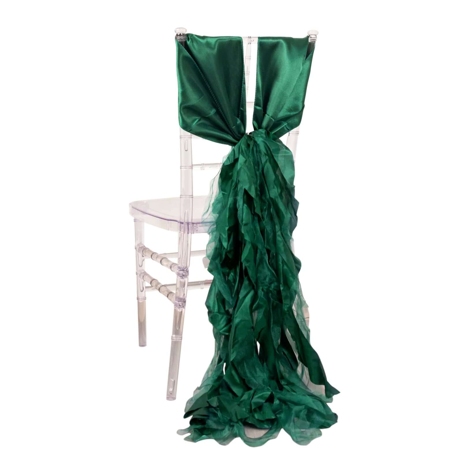 5 Pack Chiffon Satin Chair Sashes Hunter Emerald Green - Easy to Install Ruffled Curly Willow