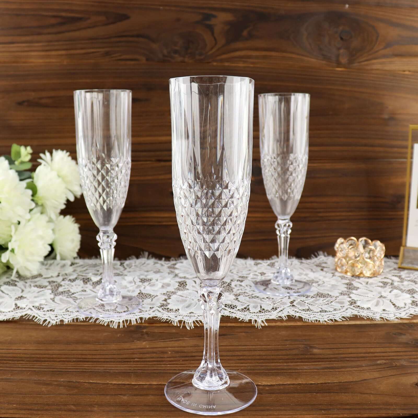 6-Pack Plastic Wedding Toast Flutes Clear Transparent Crystal Cut Style - Reusable Champagne Glasses 8oz