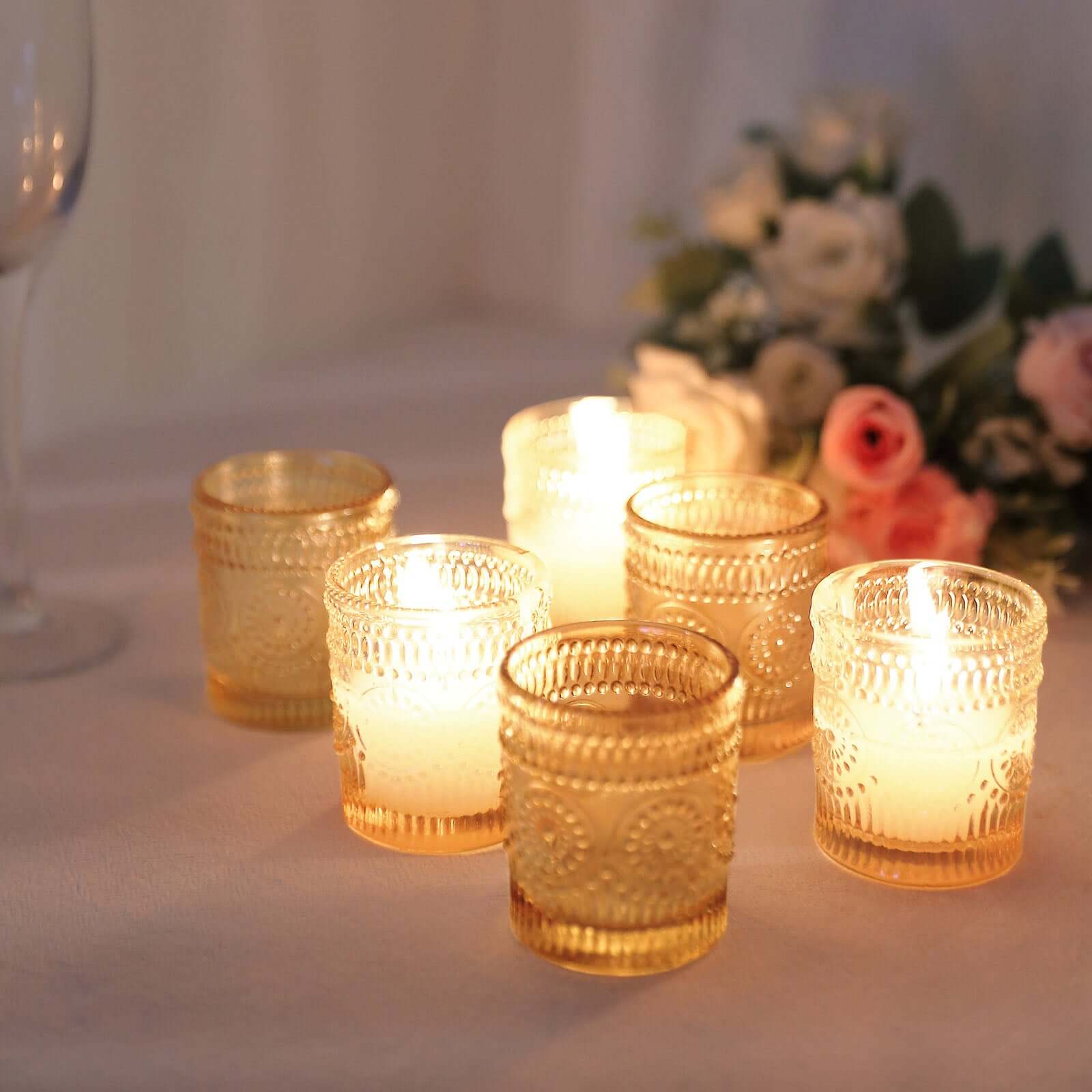 6-Pack Glass Candle Holders Amber Gold Primrose Design - Votive Tealight Holders for Weddings