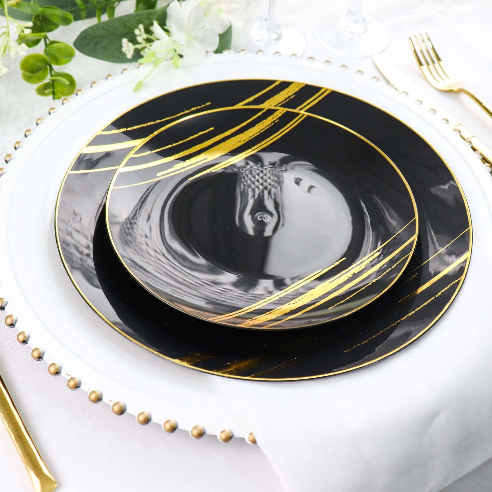 10-Pack Plastic 7 Round Dessert Plates in Black with Gold Brush Stroked Print - Disposable Appetizer Salad Plates for Modern Themed Events & Banquets