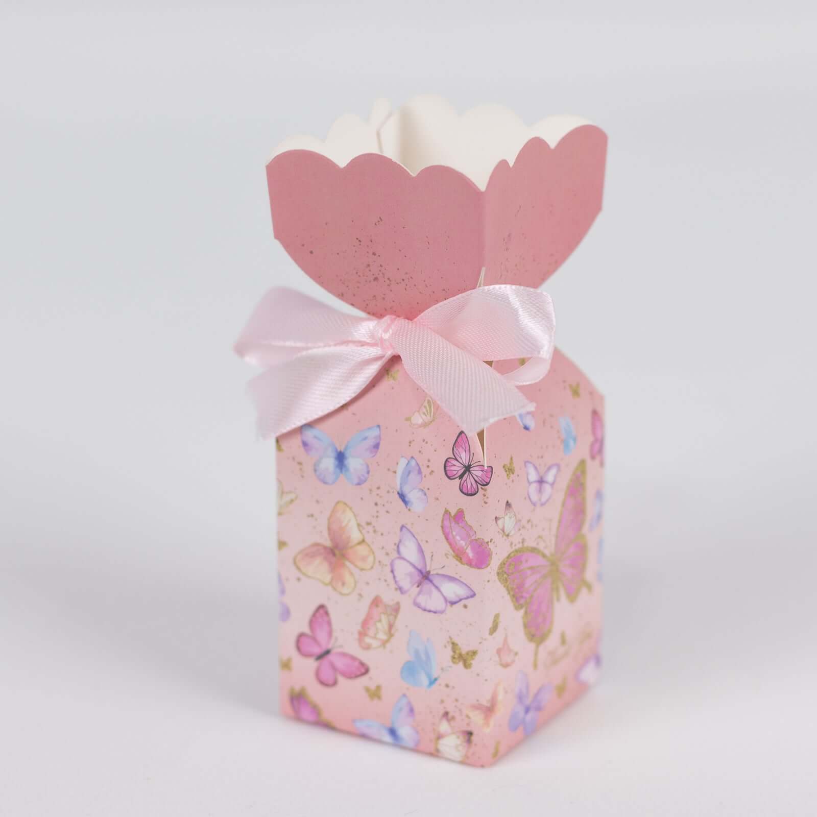 25 Pack Pink Floral Top Candy Gift Boxes With Butterfly Print, Cardstock Paper Party Favor Boxes With Satin Ribbons - 2x5