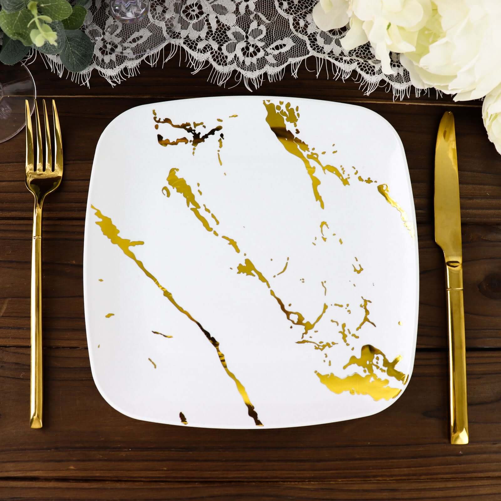 10-Pack Plastic 8 Square Dessert Plates in White with Gold Marble Design - Disposable Appetizer Salad Party Plates for Weddings, Banquets & Special Events