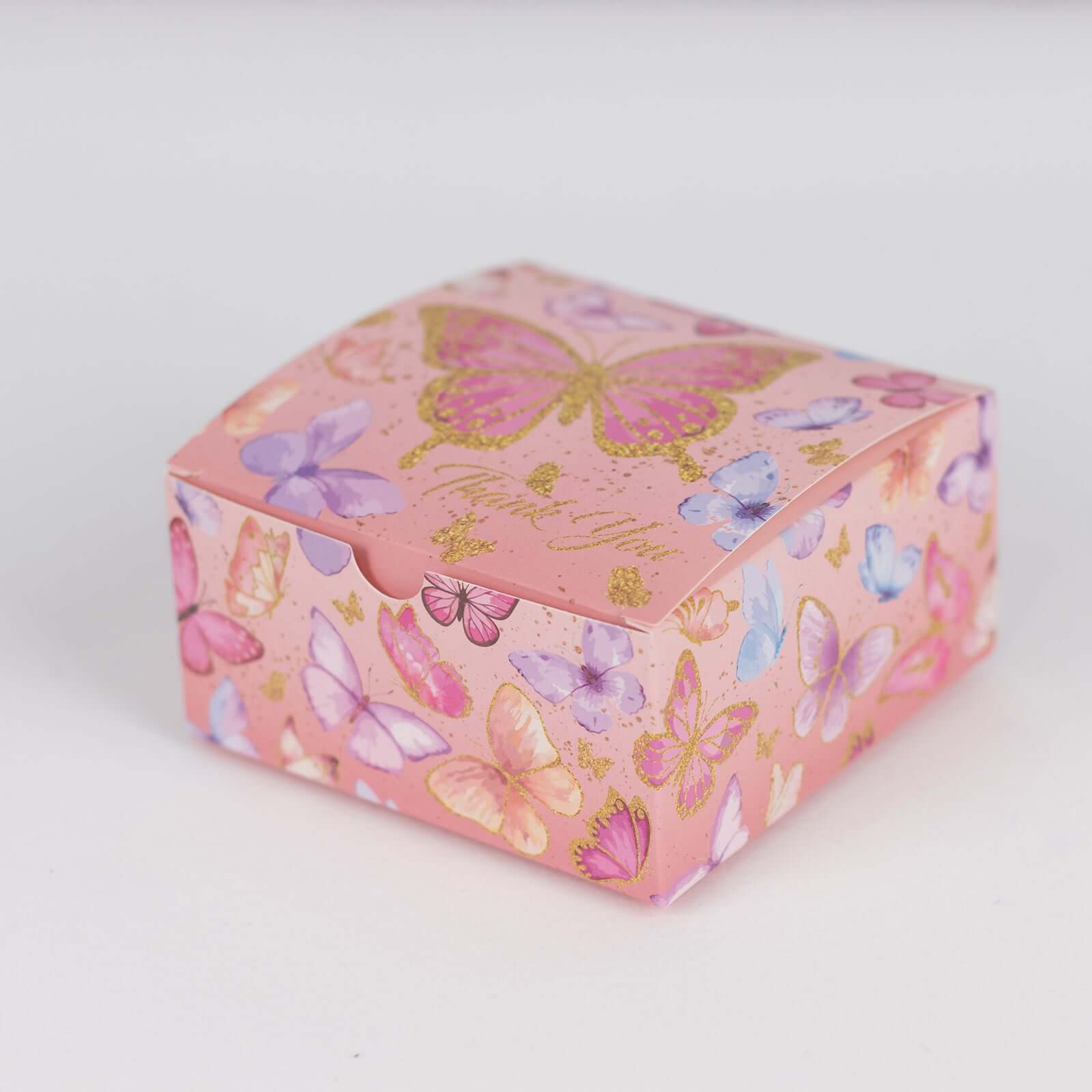 25 Pack Pink Butterfly Themed Candy Gift Boxes with Thank You Print, Cardstock Paper Party Favor Boxes - 4x4x2