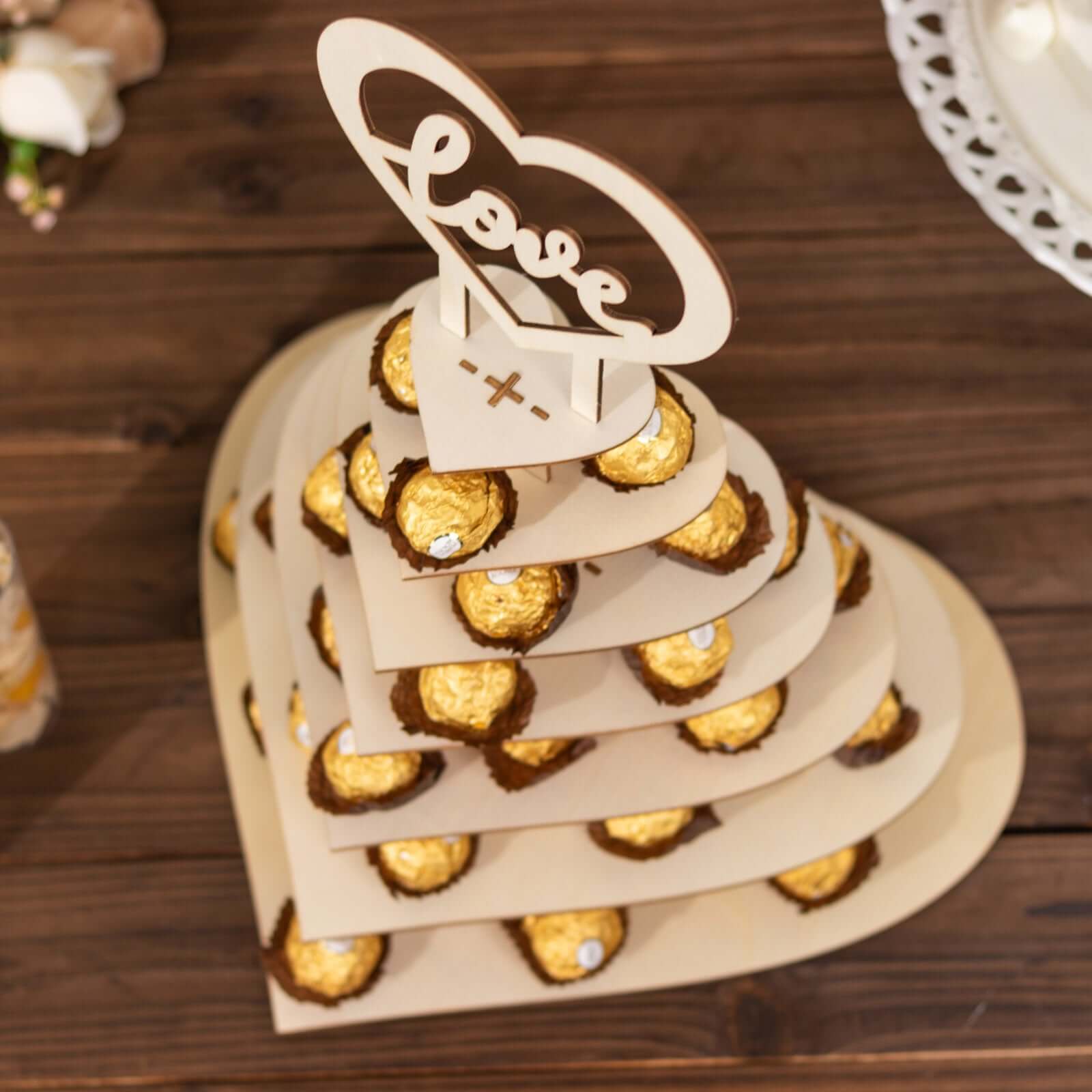 7-Tier Wooden Chocolate Display Stand Heart Shape Natural with Love Topper - DIY Dessert Table Tower Rack 16