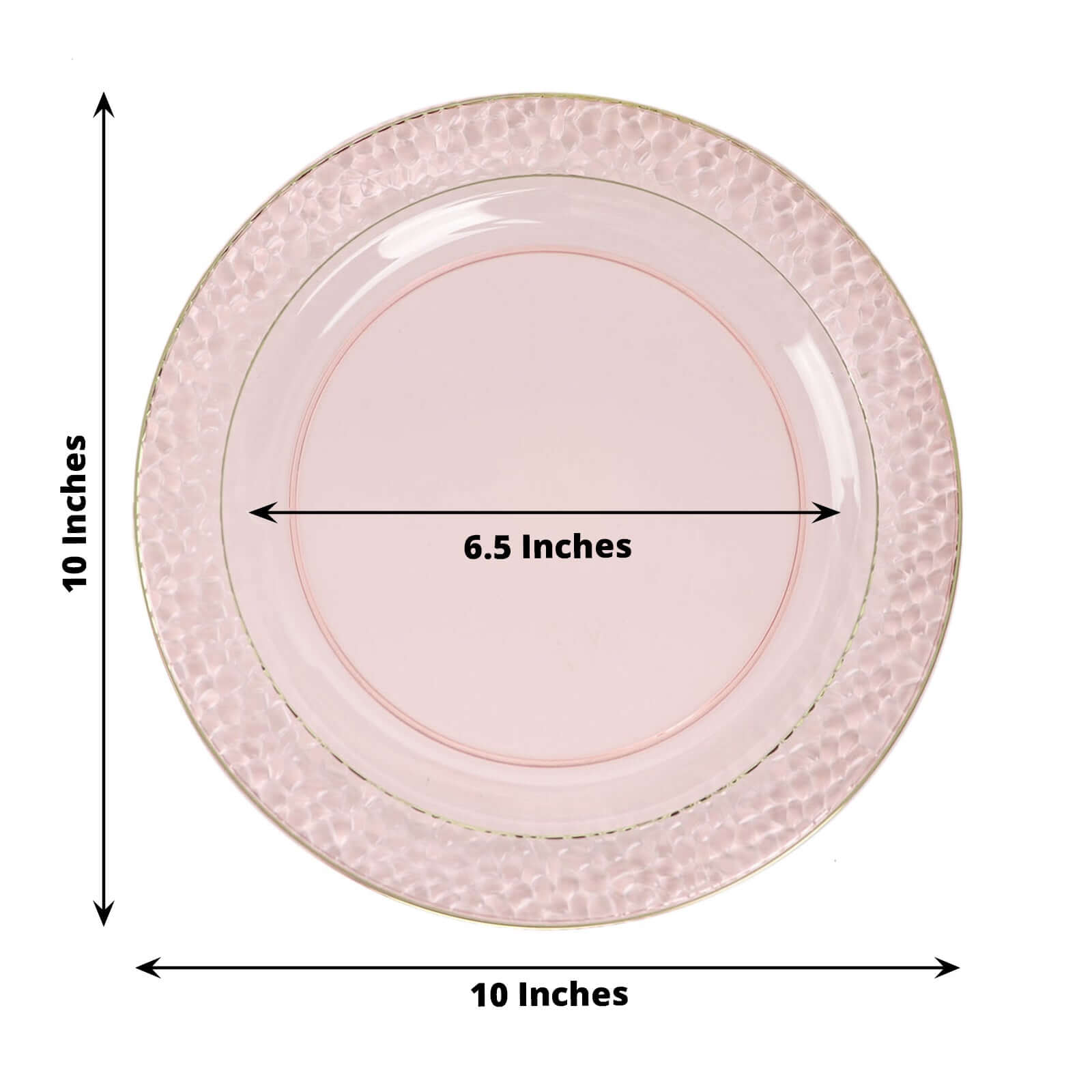 10-Pack Plastic 10 Round Dinner Plates in Blush Hammered Design with Gold Rim - Disposable Party Plates for Chic Banquets & Special Occasions