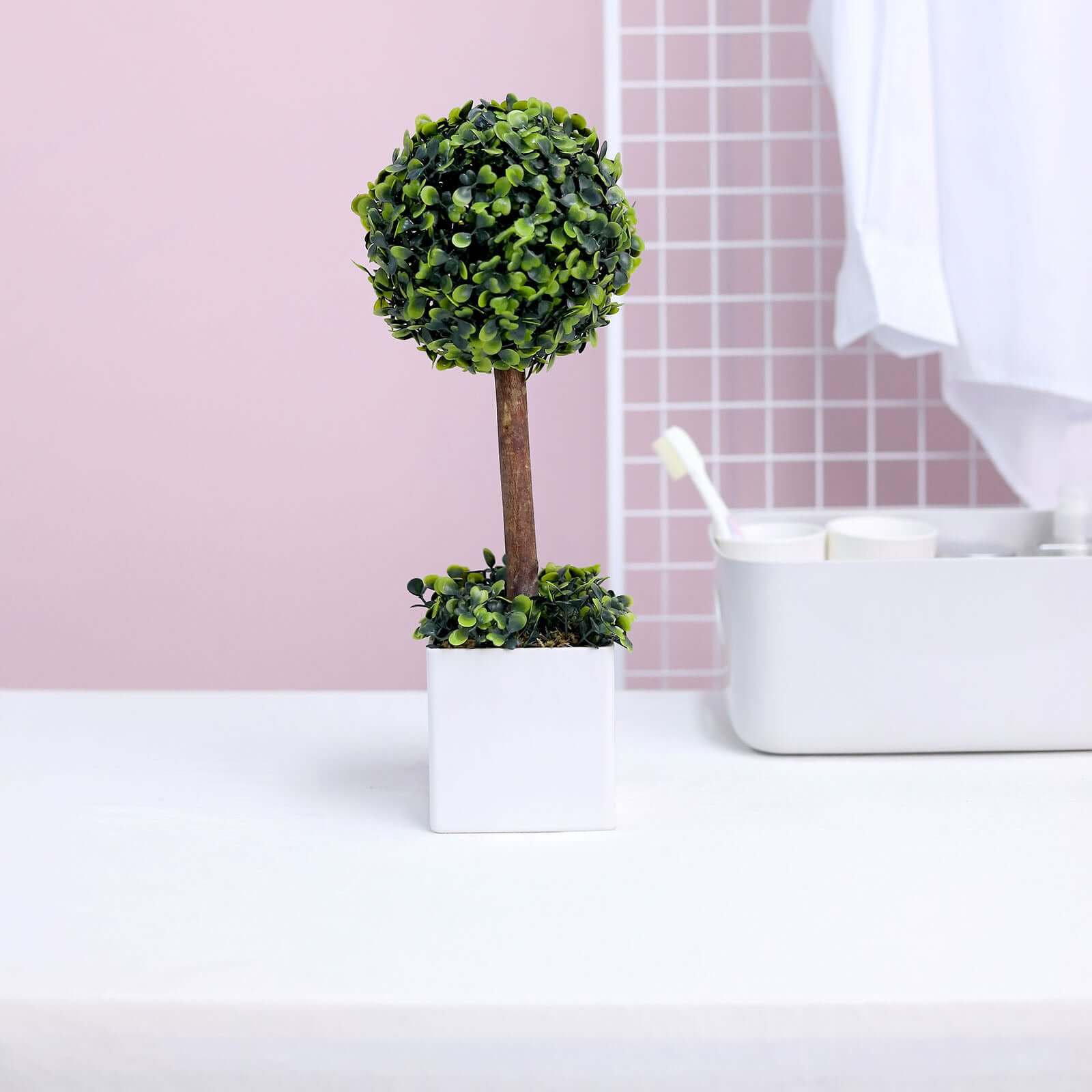 16 Green Artificial Boxwood Topiary Ball Tree In White Planter Pot