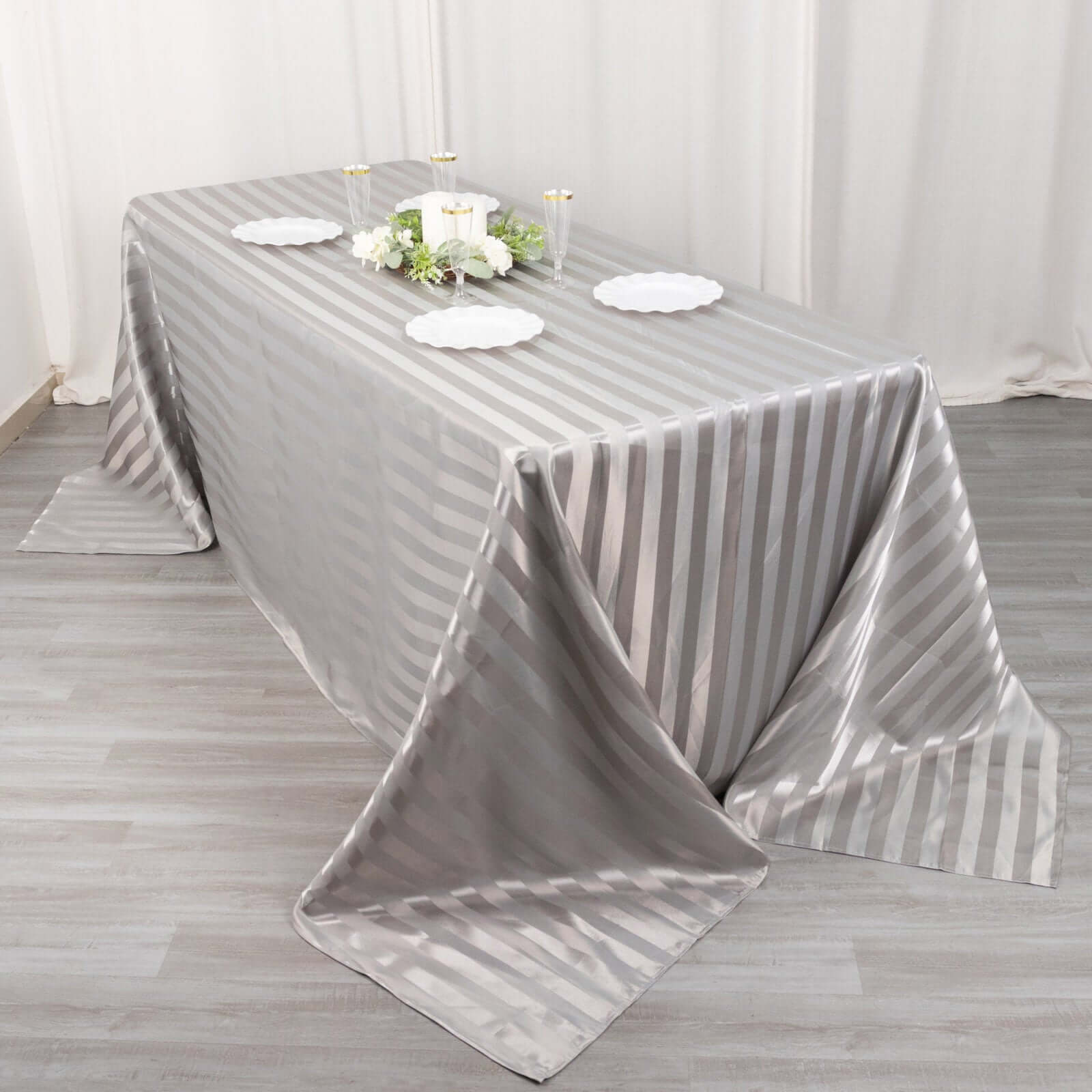 Satin Striped 90x132 Rectangular Tablecloth Silver Satin Stripe - Seamless Silky Smooth Table Cover