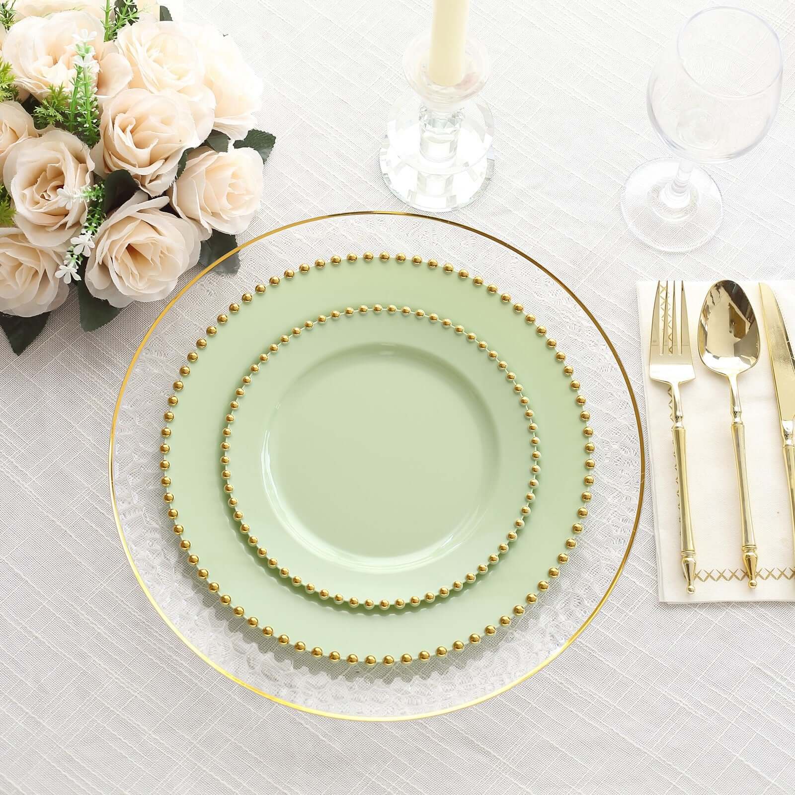 10-Pack Plastic 10 Round Dinner Plates in Sage Green with Gold Beaded Rim - Disposable Party Plates