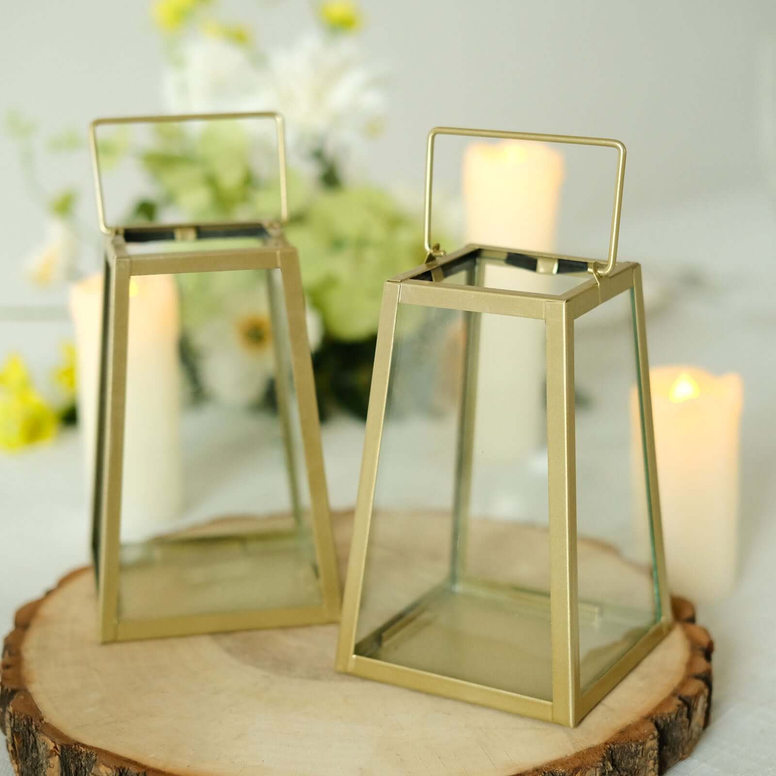 2-Pack Metal Candle Lanterns Trapezoid Geometric Design Gold - Hanging Terrariums Table Centerpieces for Indoor/Outdoor 6